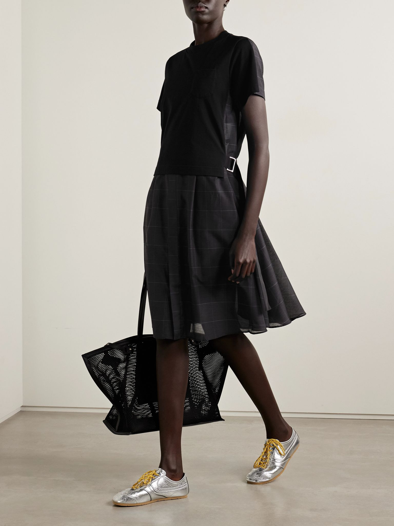 Belted cotton-jersey and checked voile midi dress Black - 2