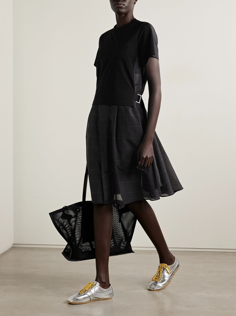 sacai Belted cotton-jersey and checked voile midi dress Black outlook