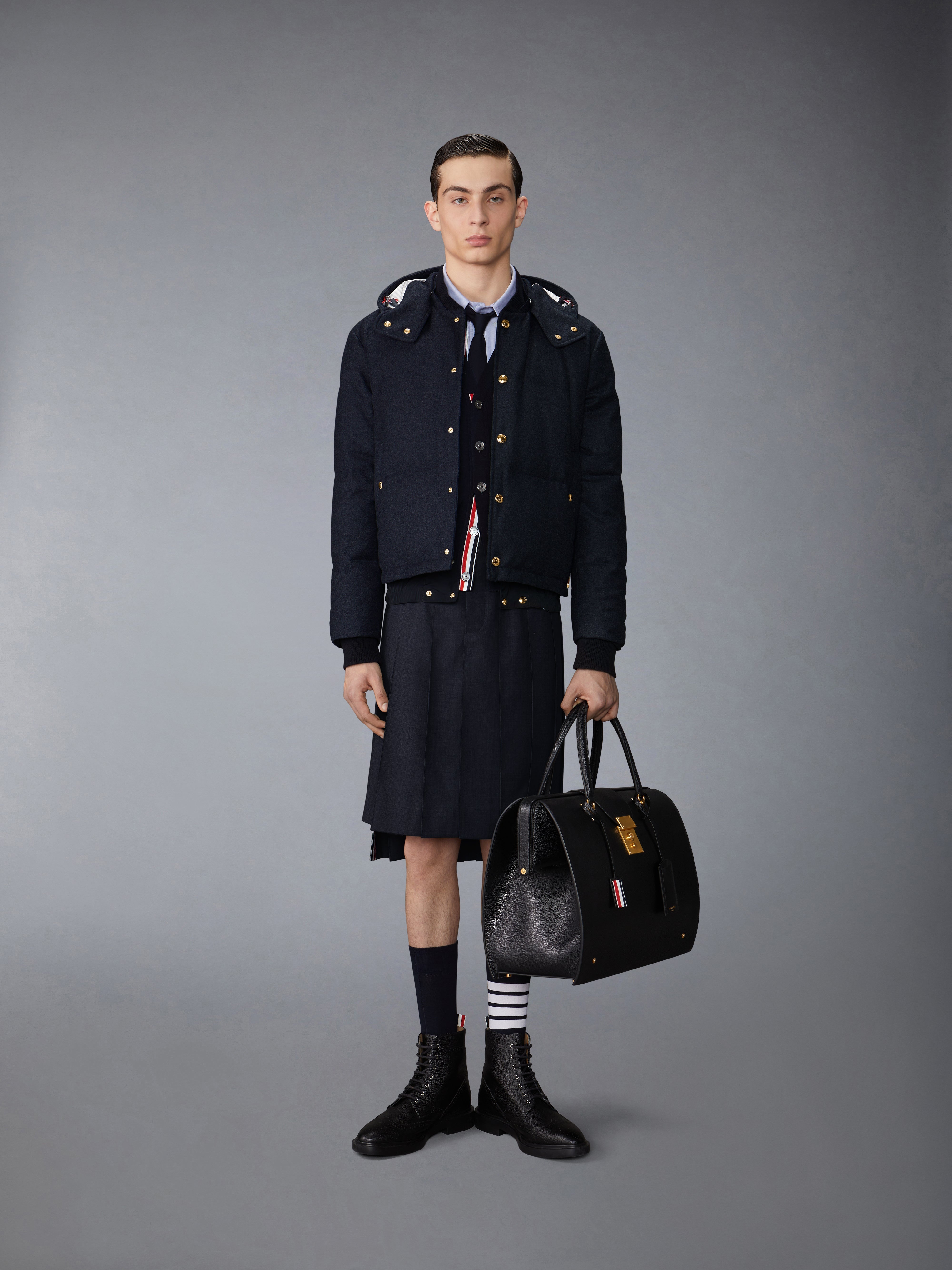 DOWNFILL SNAP FRONT DETACHABLE HOOD BOMBER W/ TONAL GROSGRAIN IN WOOL FLANNEL - 6
