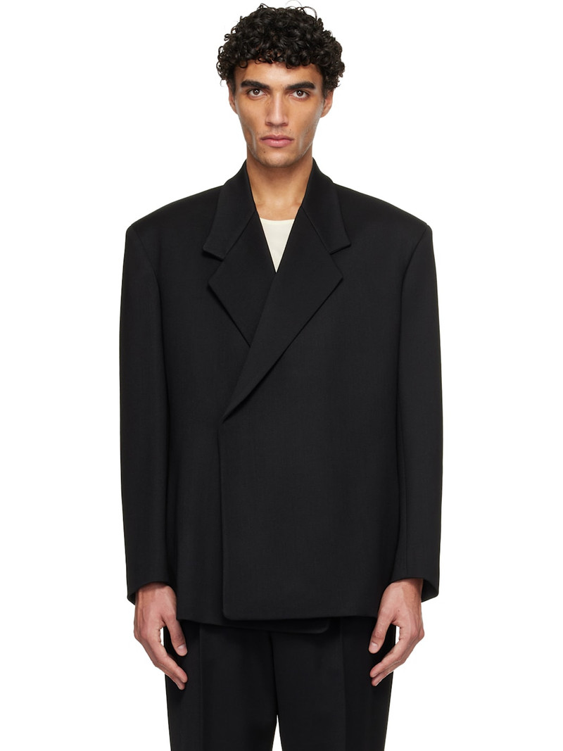 Black Satin Wool Double Breasted Blazer 1