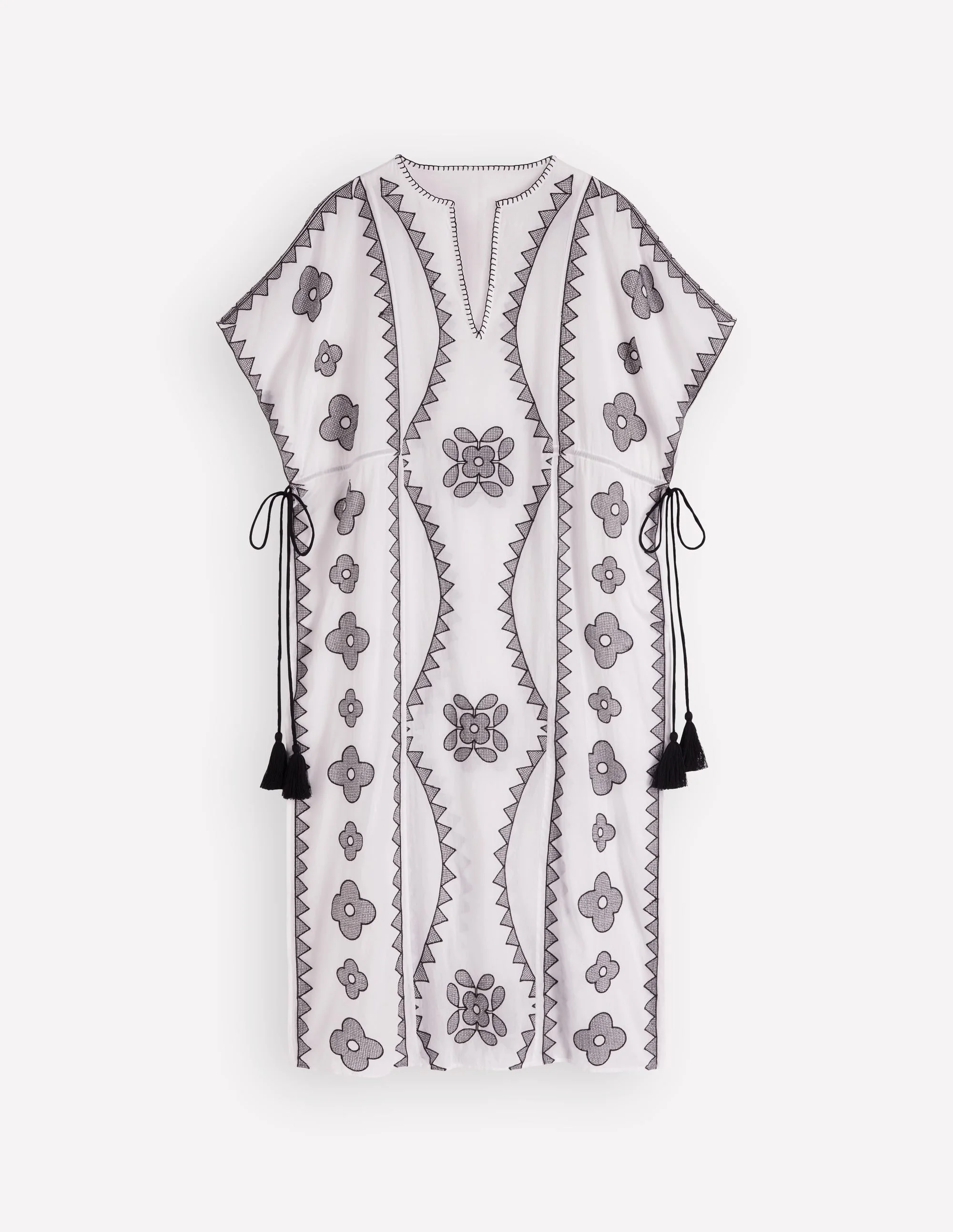 Side Tie Kaftan Dress-White Black Embroidered - 1
