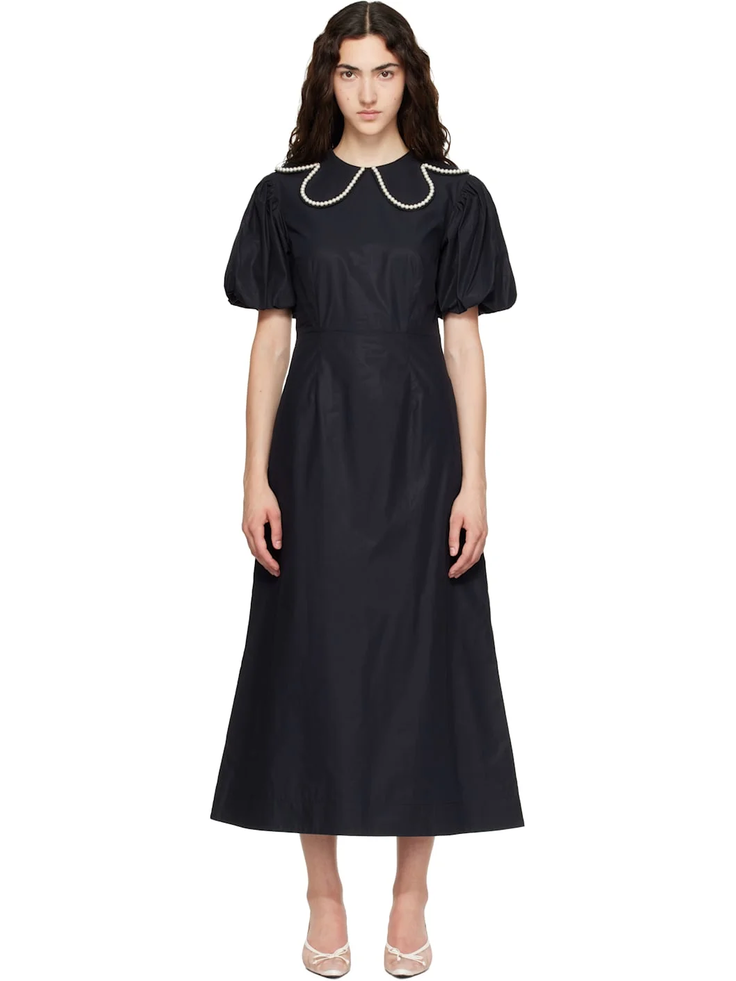 Black Puff Sleeve Petal Collar Midi Dress - 1