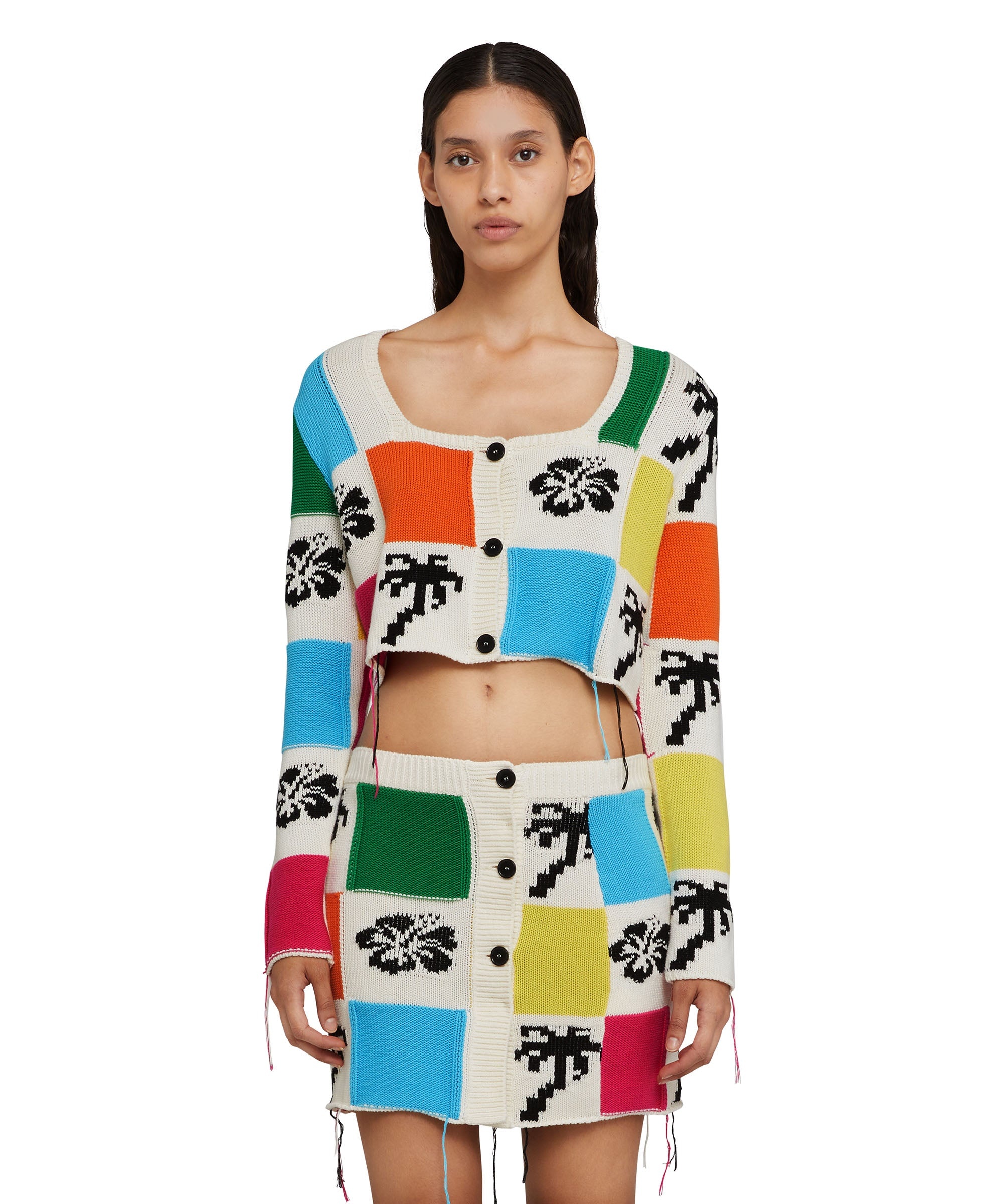 Patchwork knit crop cardigan with hibiscus and palm inlays - 1