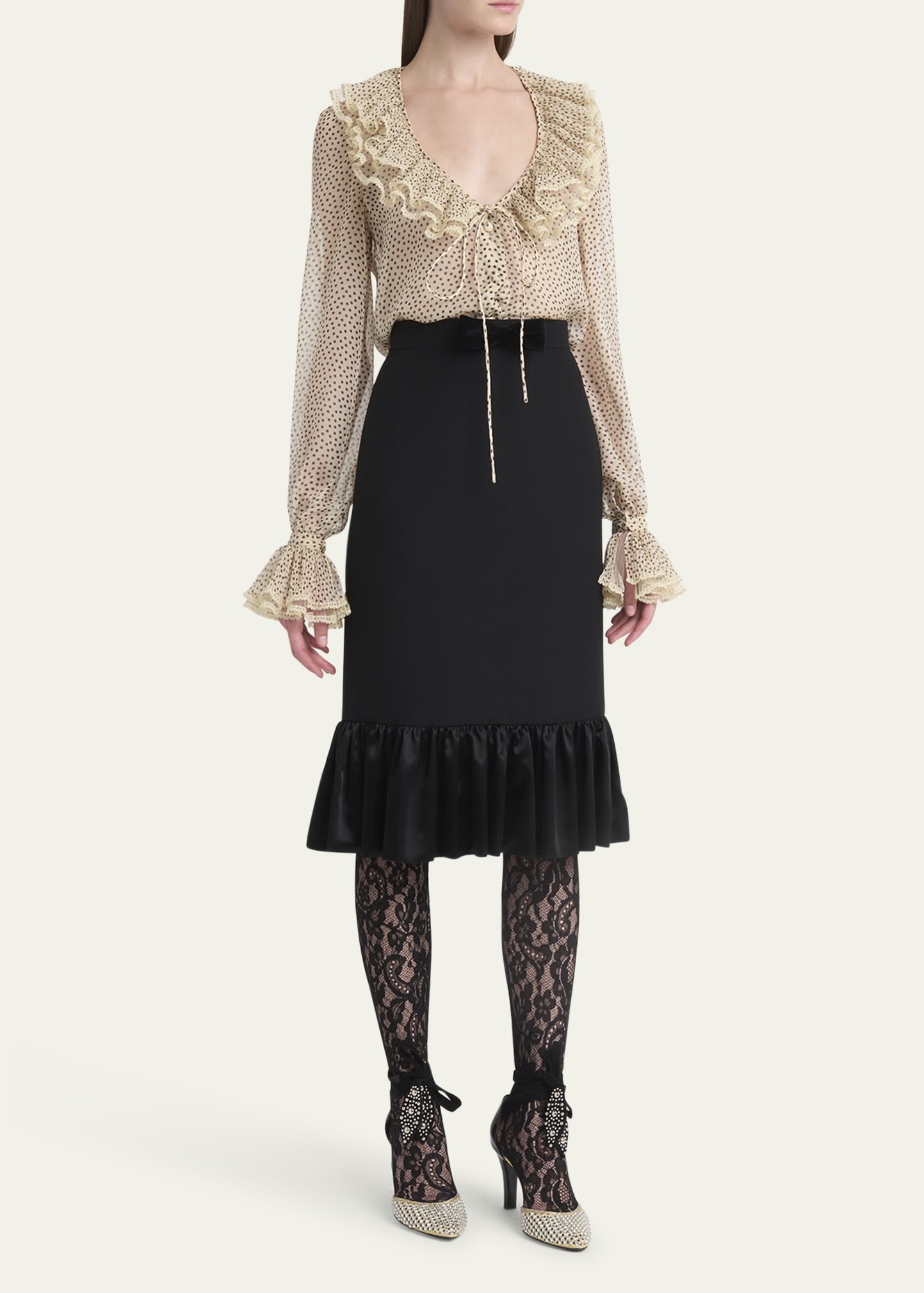 Micro Polka Dot Ruffle Chiffon Blouse - 2
