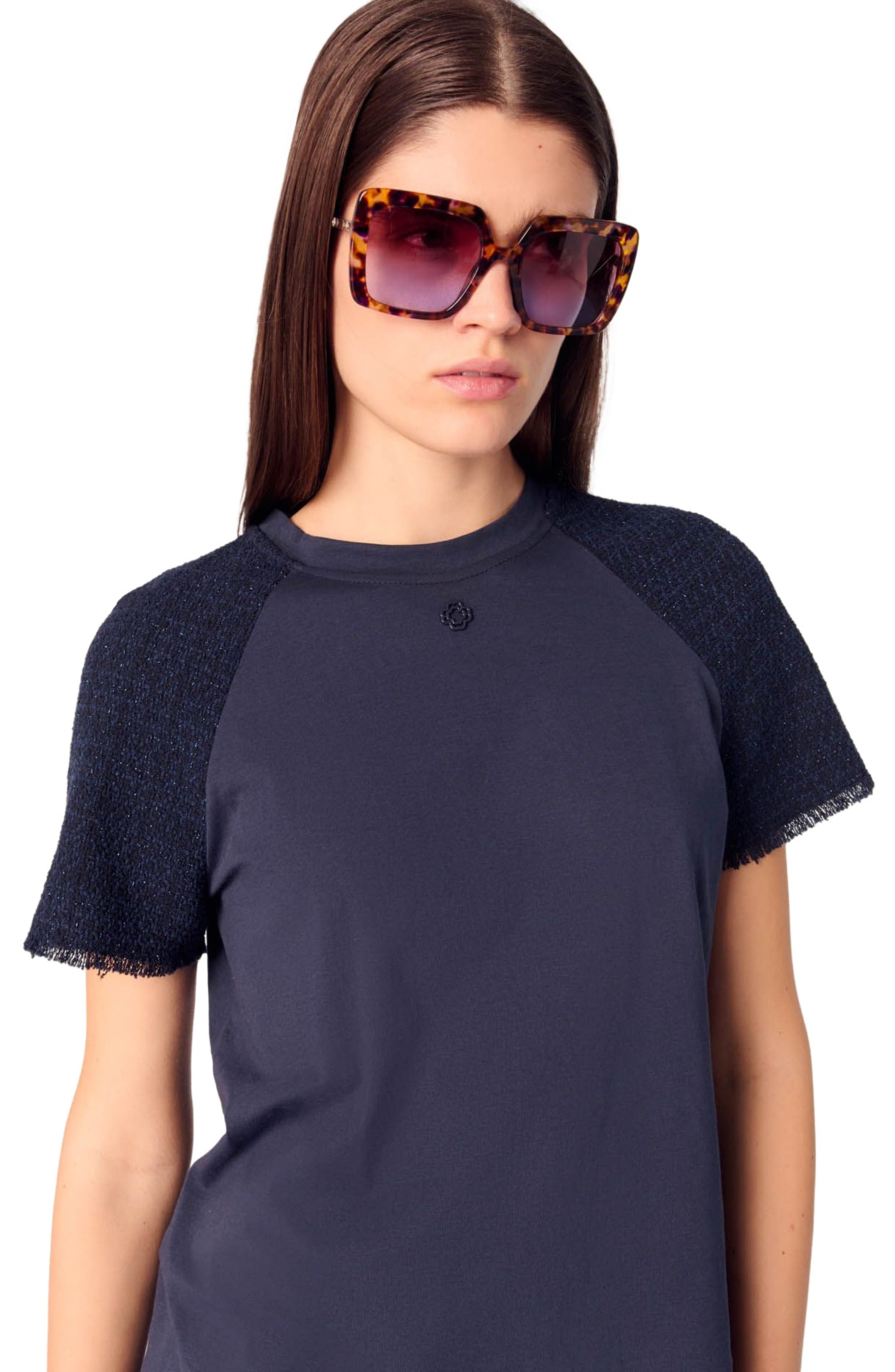 maje Tweed-sleeved T-shirt in Navy at Nordstrom - 5
