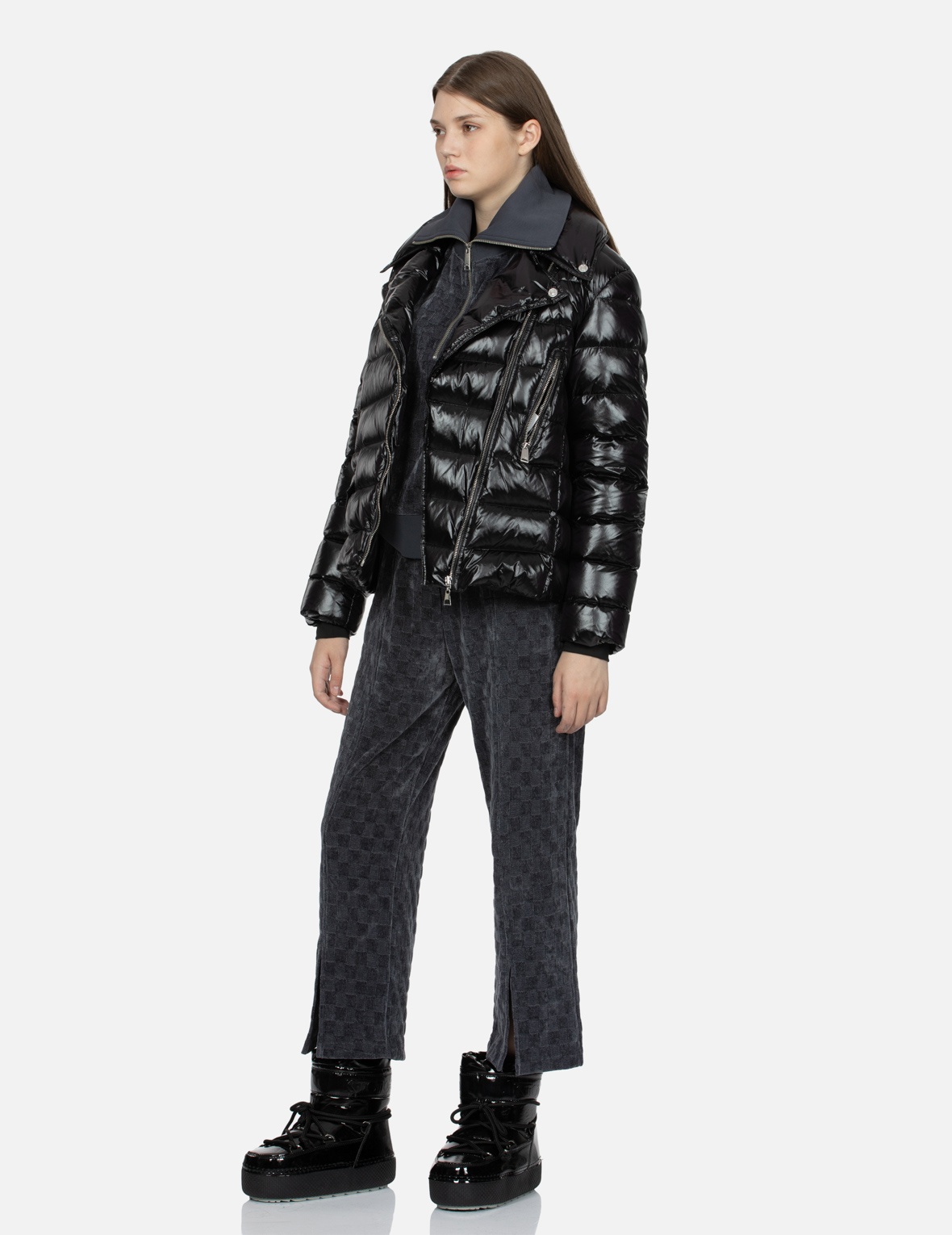 PEARLIZED BLACK FASHION FIT BIKER DOWN JACKET - 3
