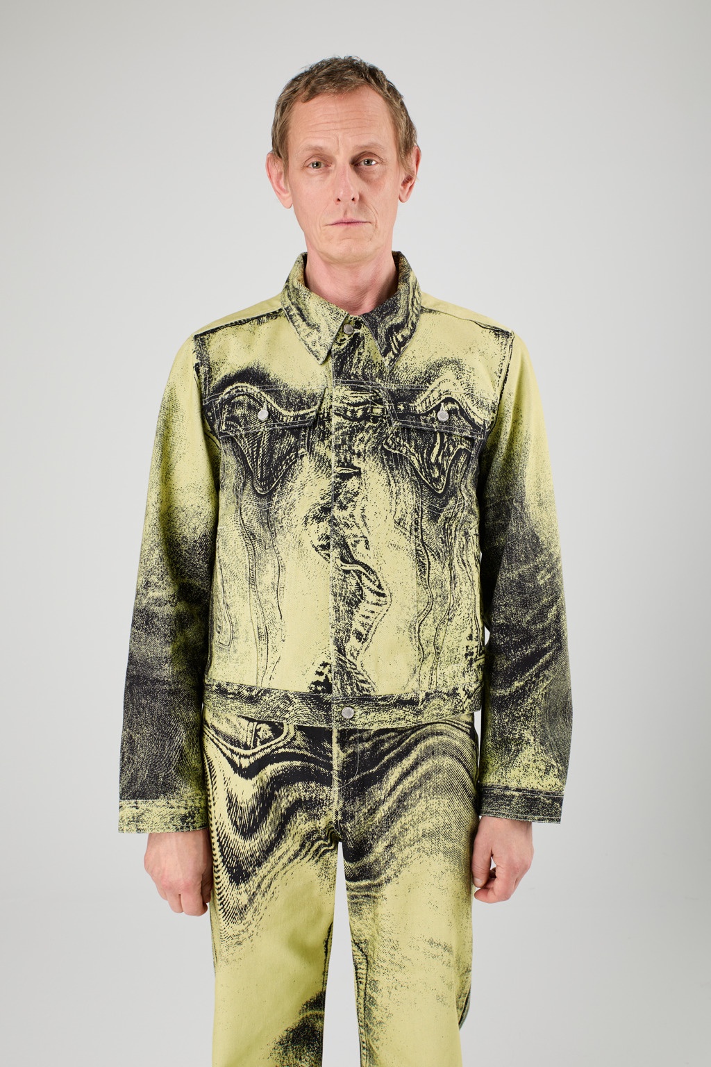 Yellow-Black Distorted Print Denim Jacket - 2