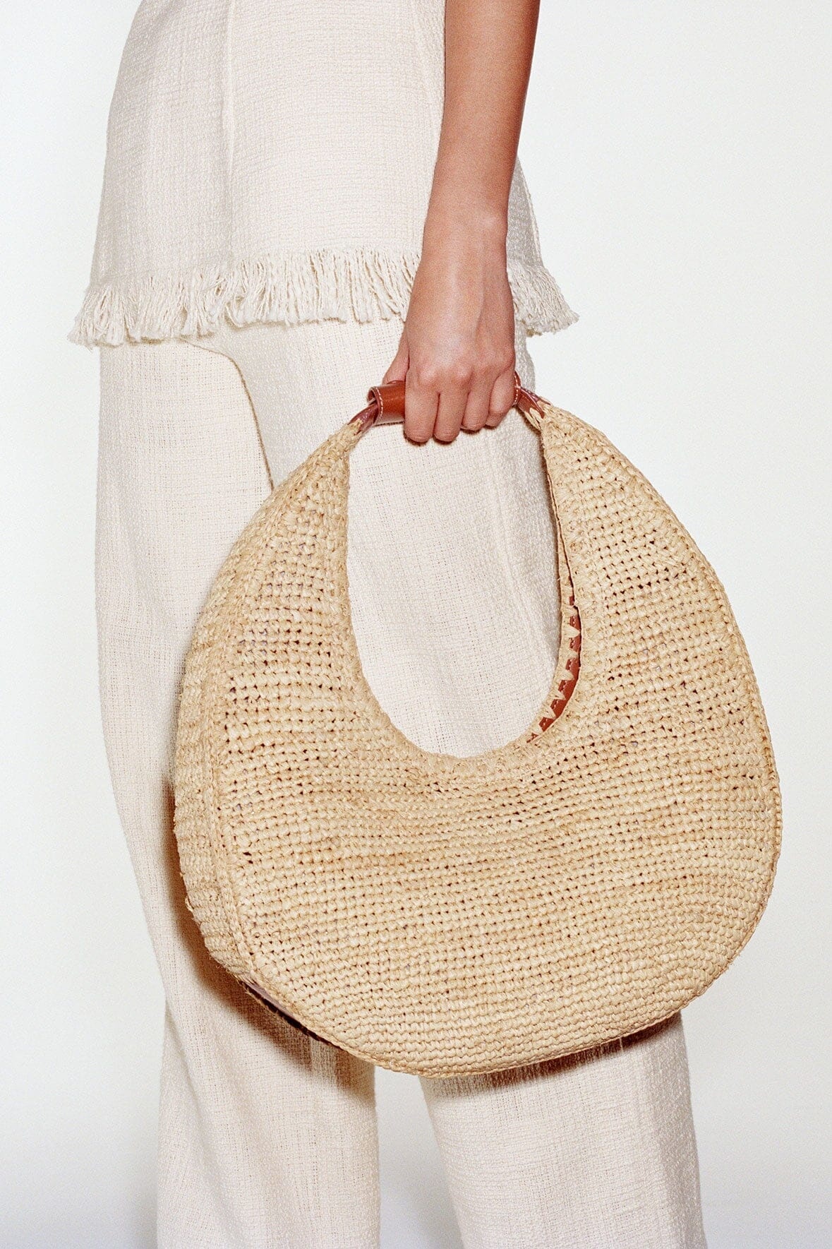 STAUD LARGE RAFFIA MOON TOTE BAG NATURAL TAN - 6