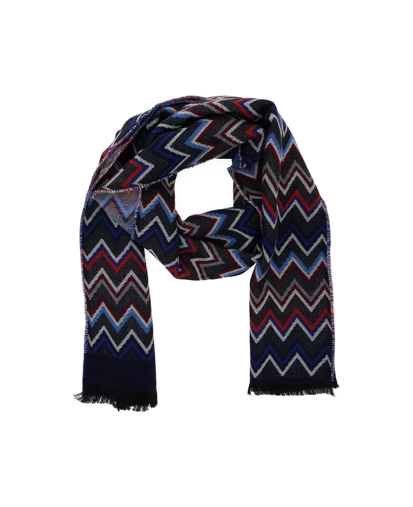 Multicolor Scarf With Zigzag Motif And Fringed Hem In Wool Man - 2