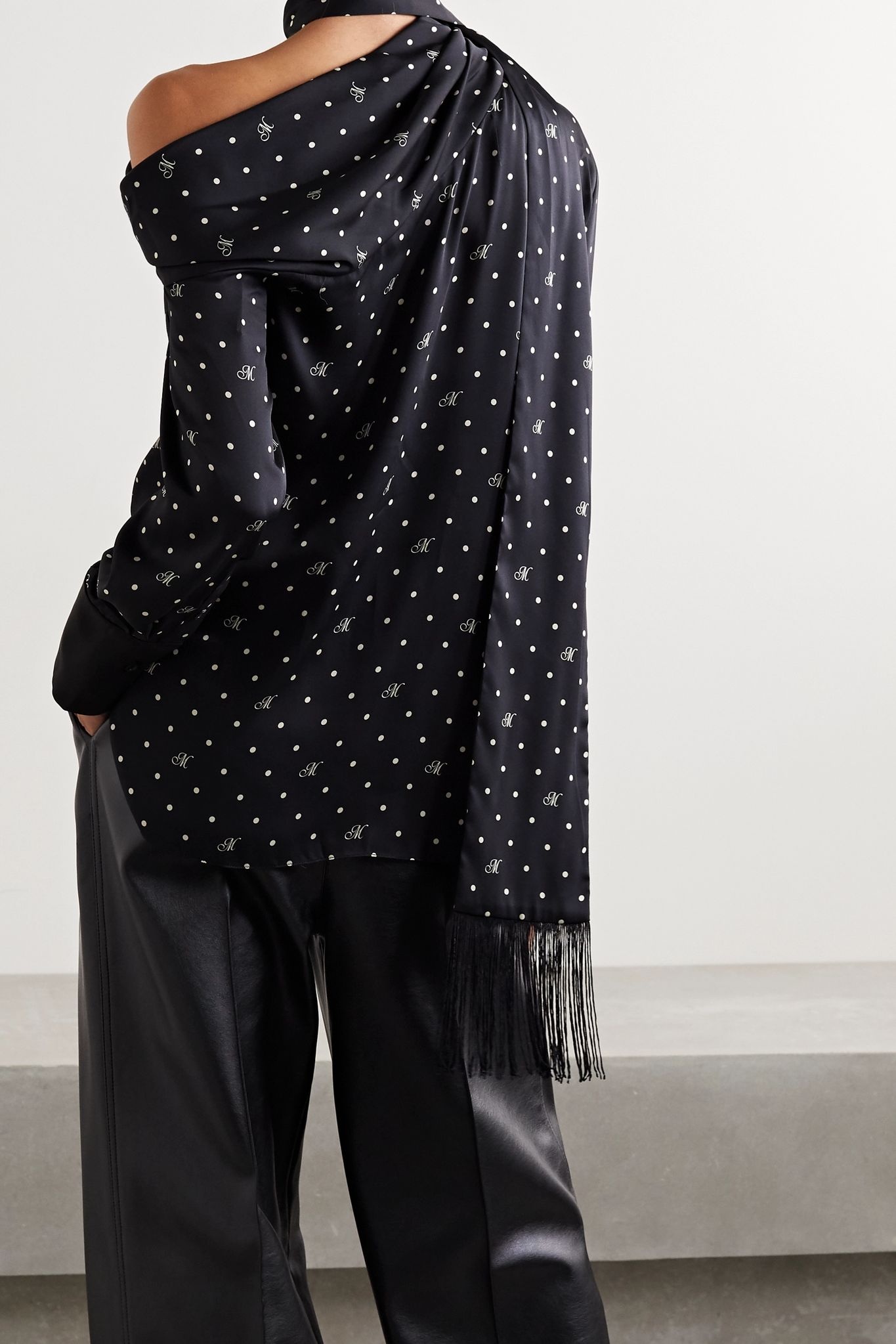 One-shoulder fringed polka-dot satin-twill blouse - 3