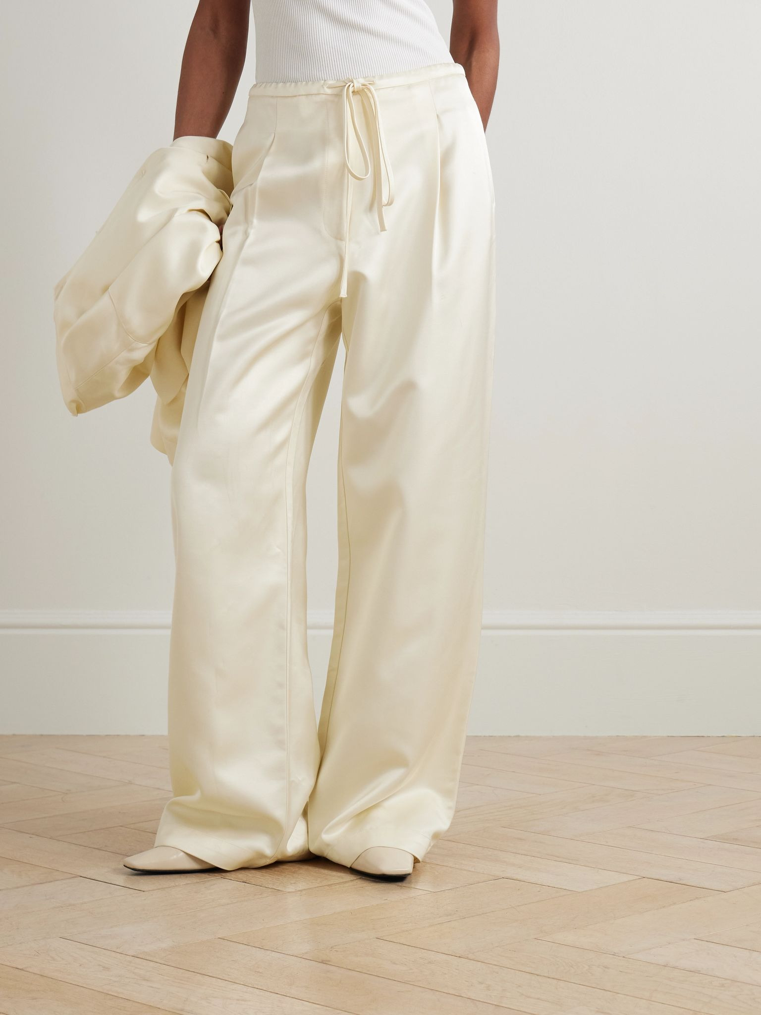 Pleated satin wide-leg pants Cream - 3