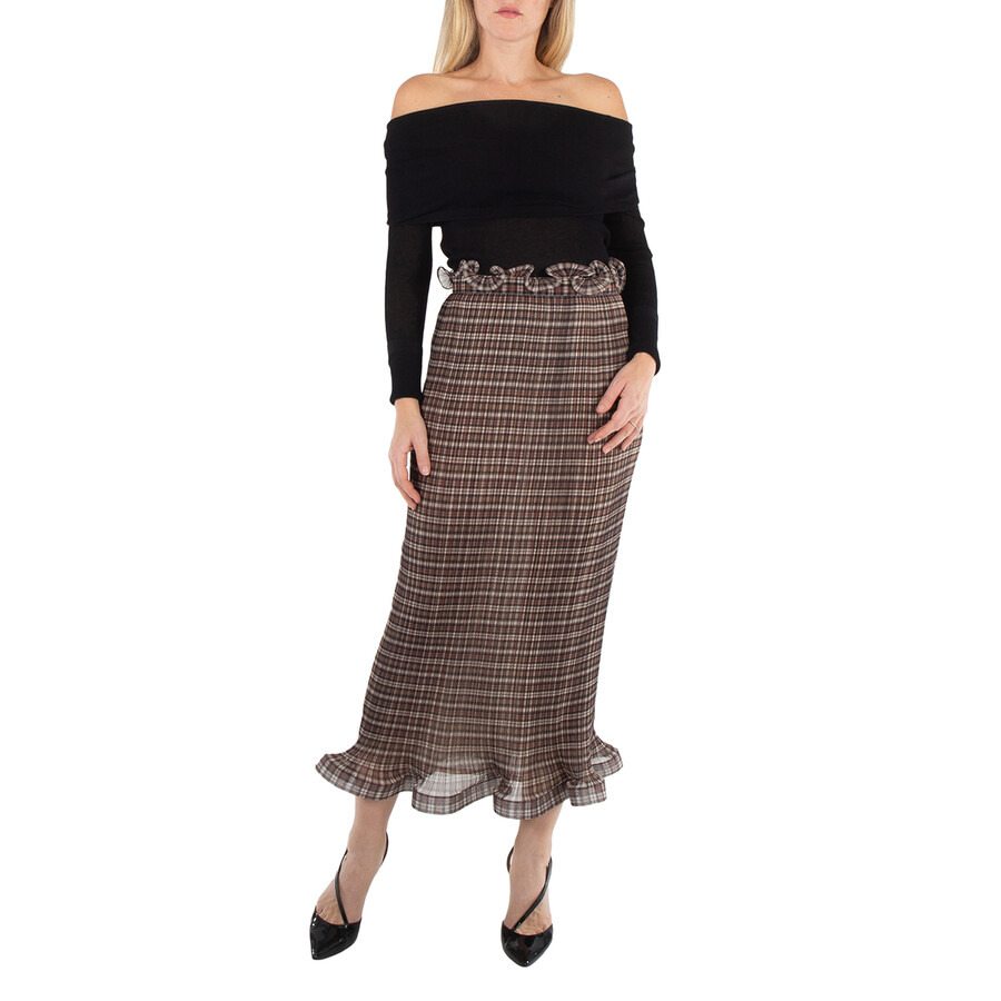 Burberry Ruffle Detail Check Chiffon Plisse Skirt - 6