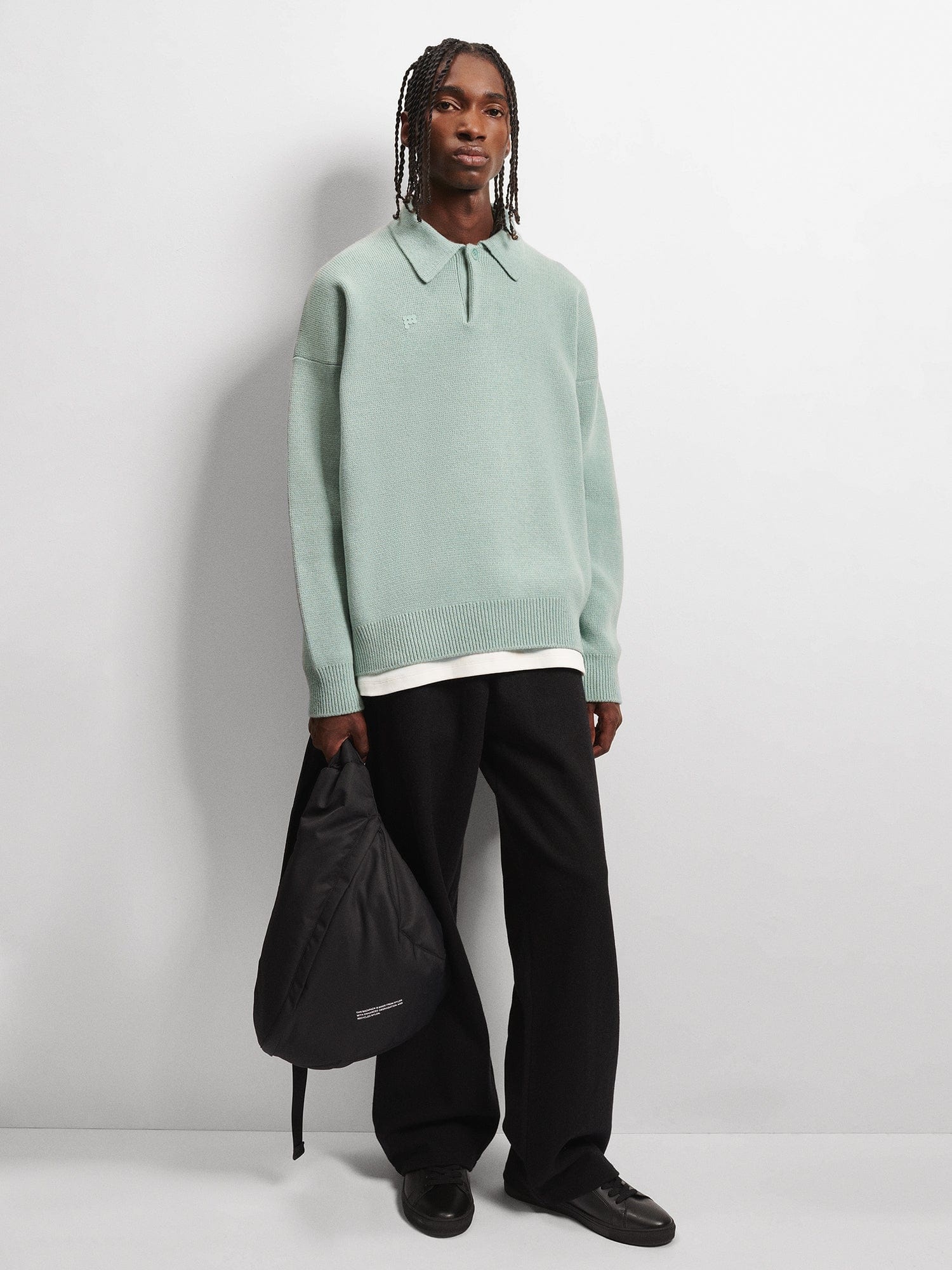 Mens Recycled Cashmere Polo Sweater - Eucalyptus Blue - 2