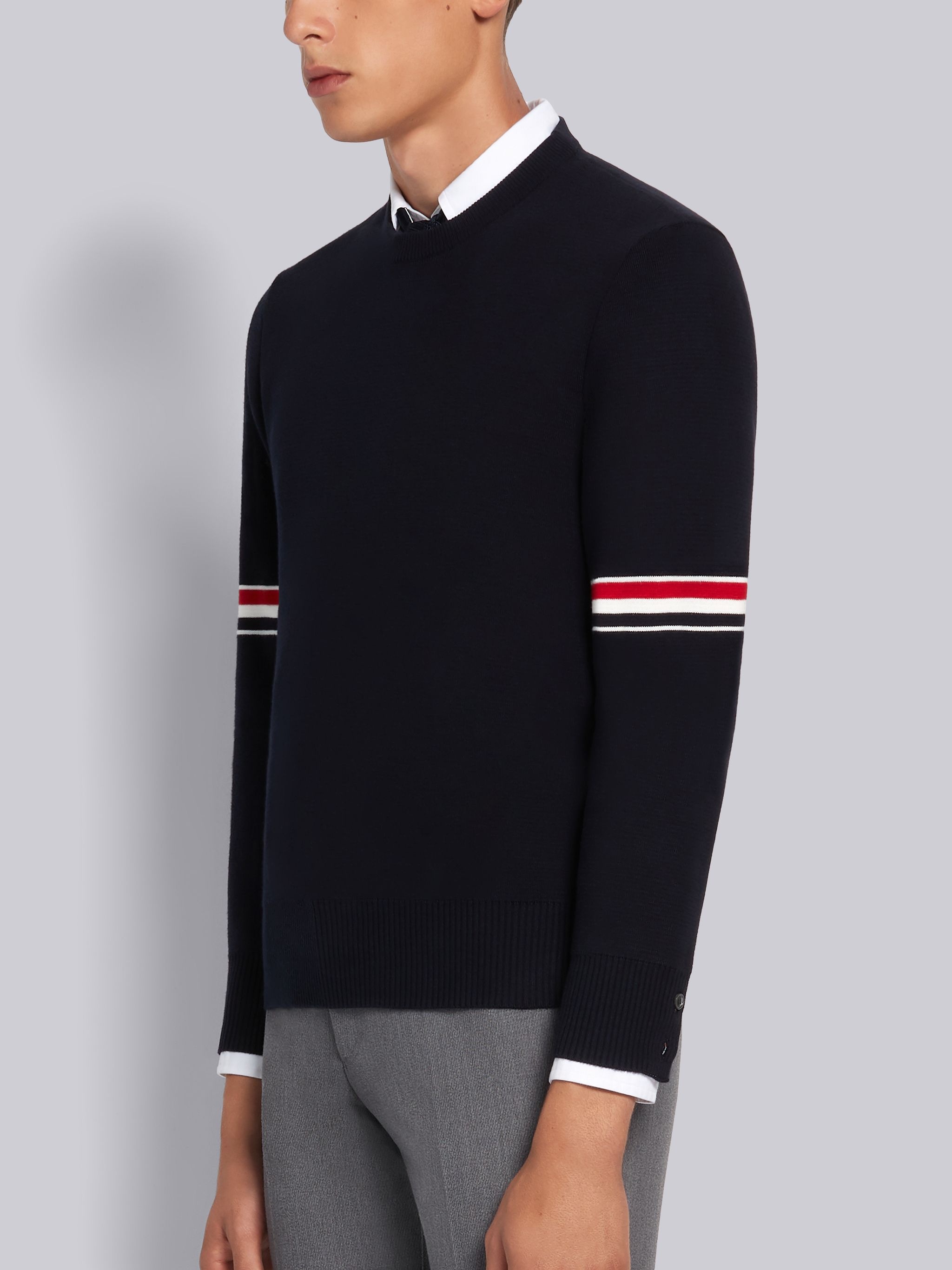 Navy Cotton Milano Stitch Stripe Armband Crewneck Pullover - 2