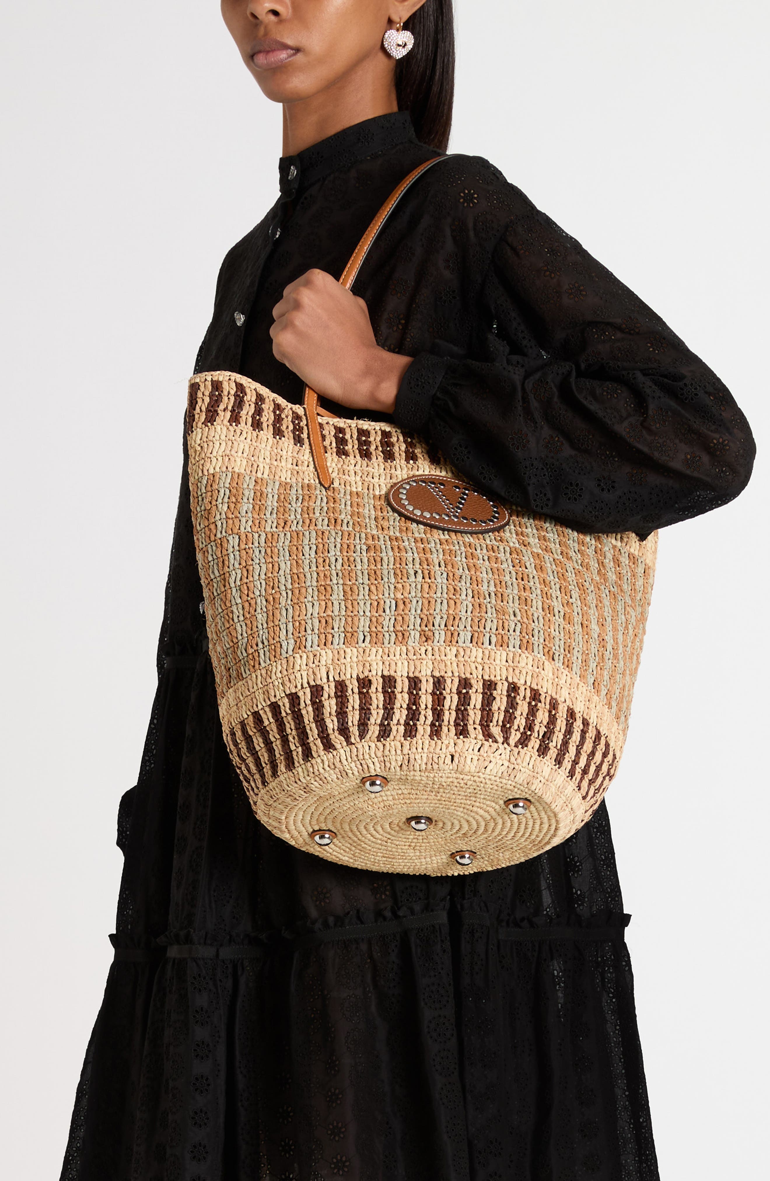 Valentino Garavani VLOGO Crochet Raffia Basket Tote in Aef Beige/Camel/Selleria at Nordstrom - 7