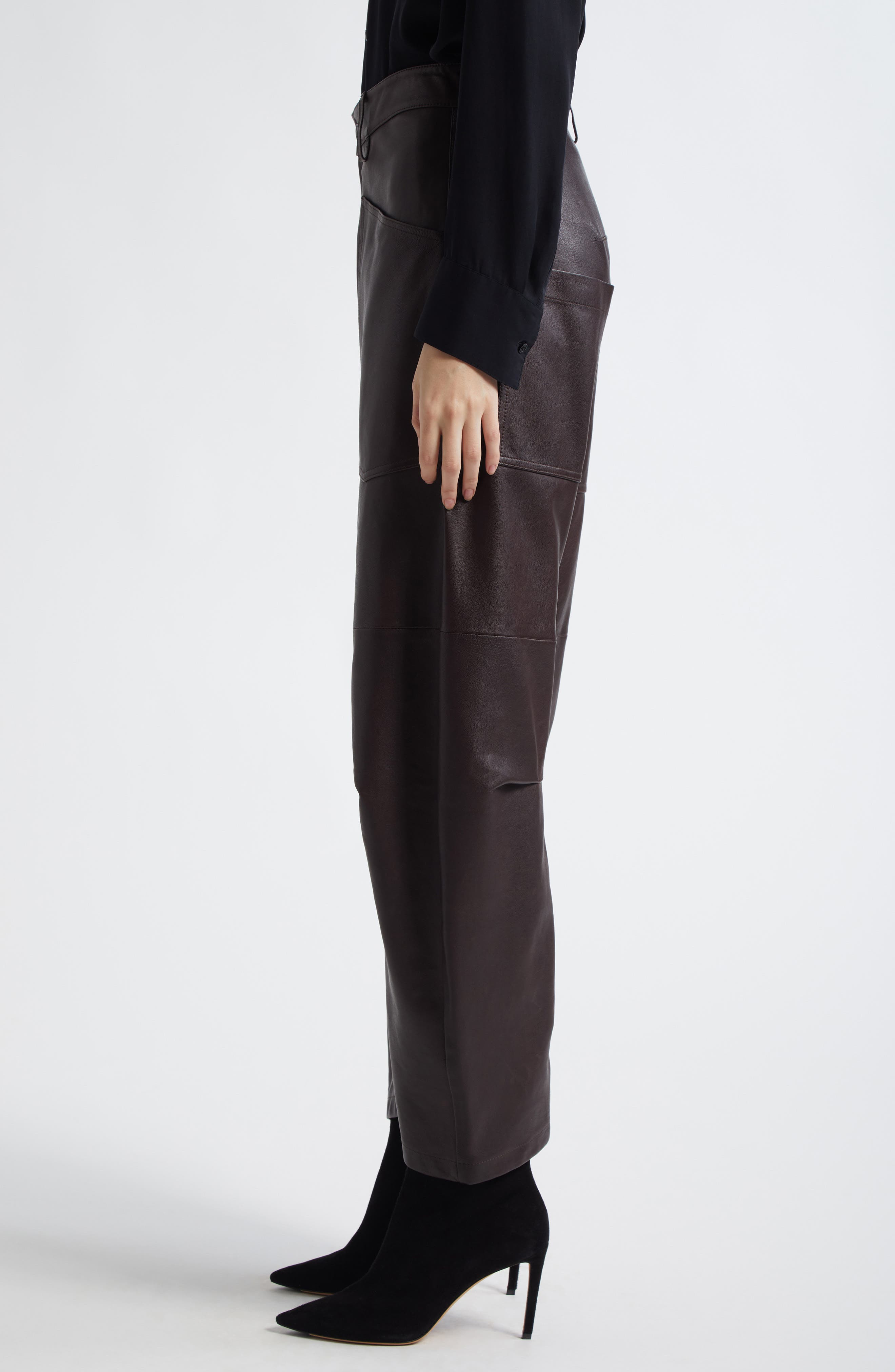 Nili Lotan Shon Barrel Leg Leather Pants in Dark Brown at Nordstrom - 3
