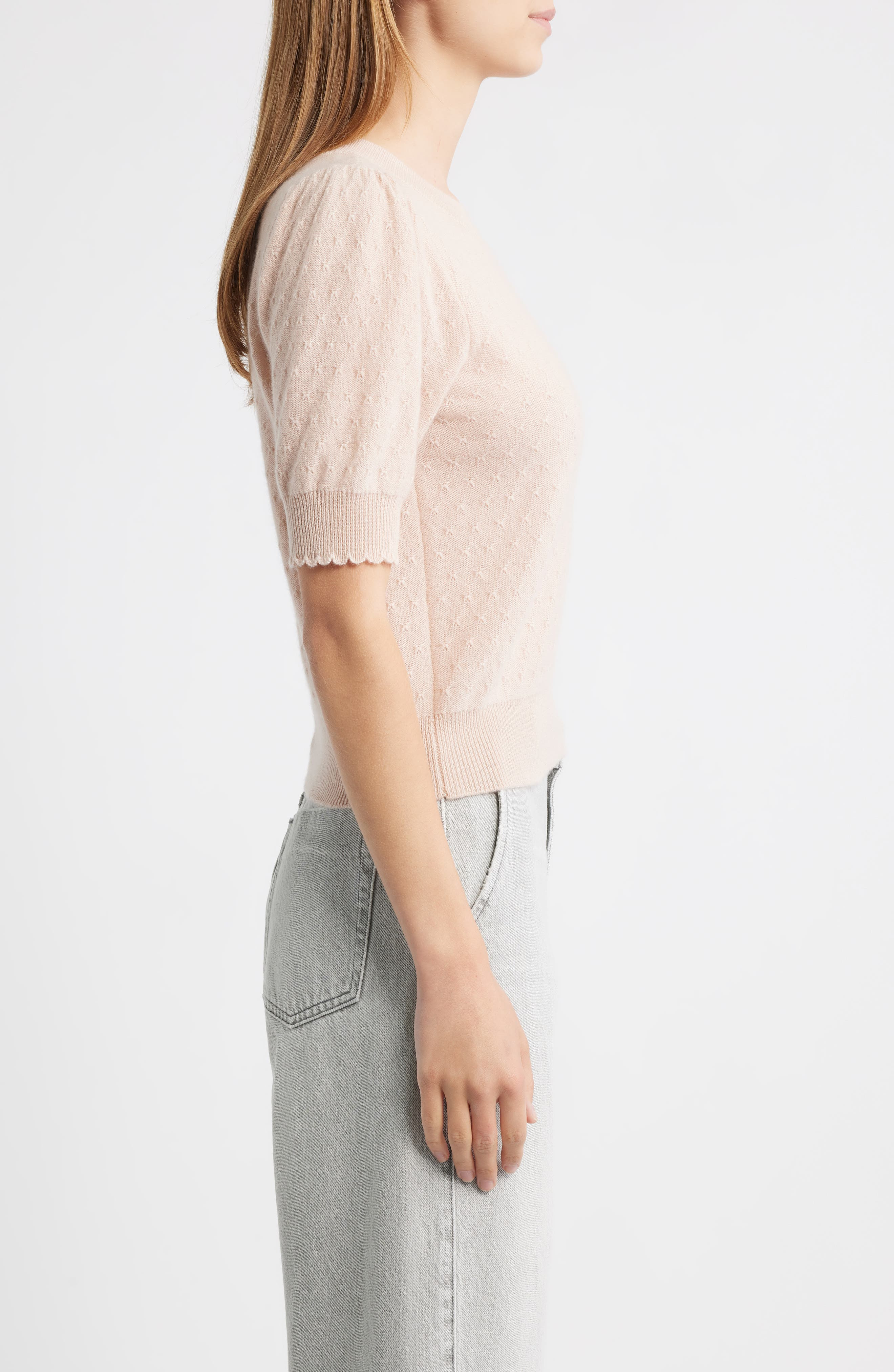 FRAME Puff Sleeve Pointelle Cashmere Sweater in Pink Sand at Nordstrom - 3