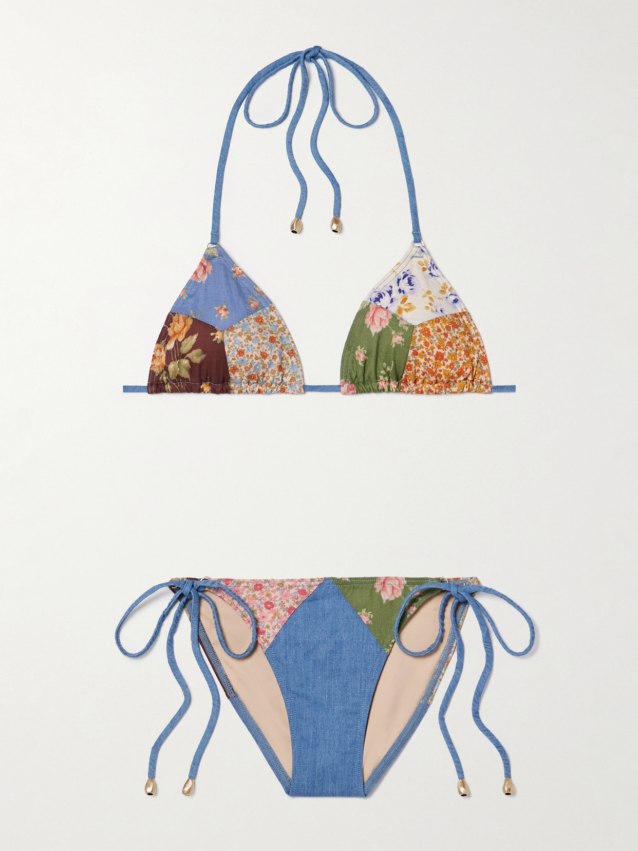Lucky Patchwork Floral-print Cotton And Chambray Triangle Bikini - 1