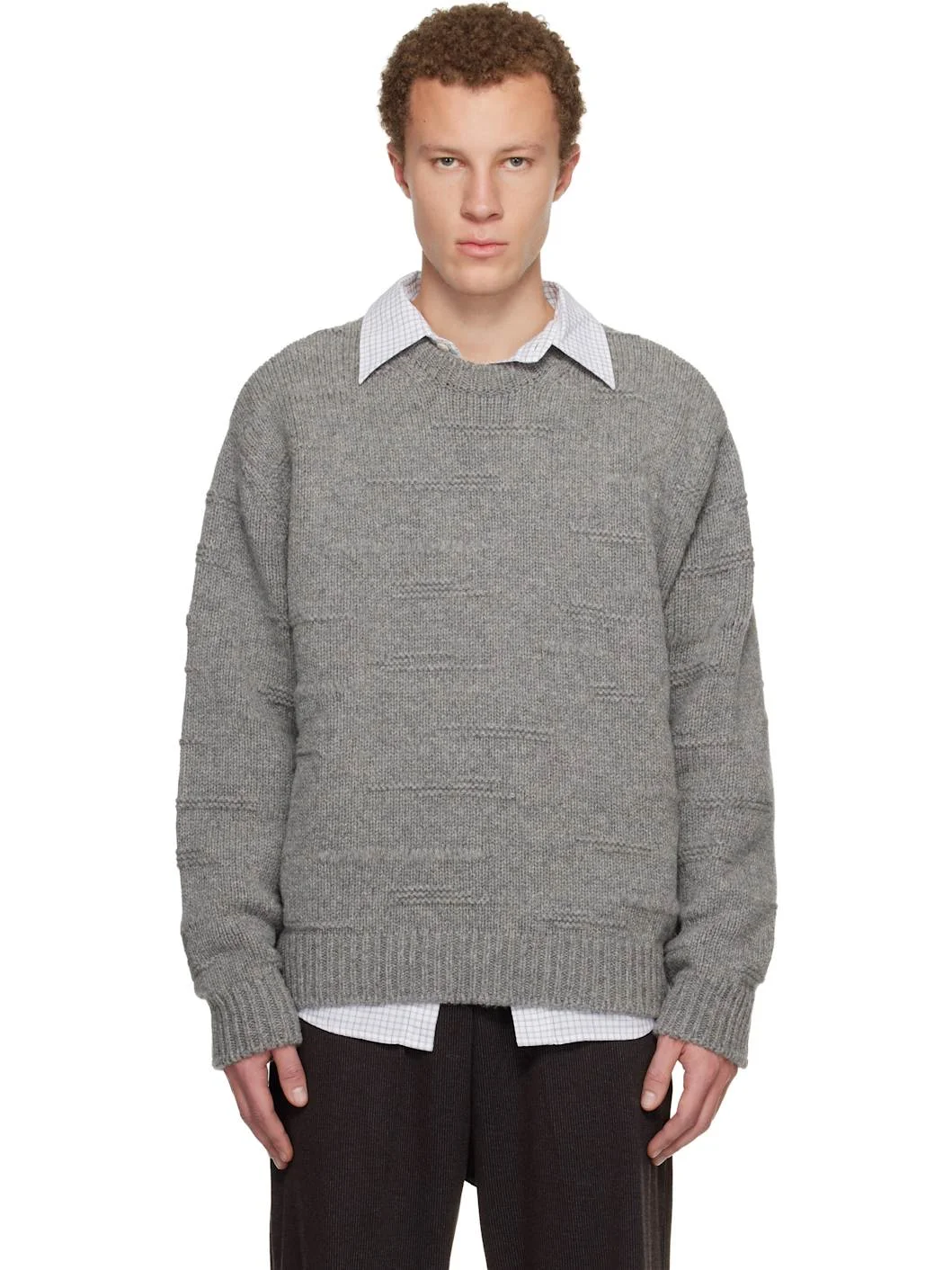 Gray Textured Stripe Wool Sweater - 1