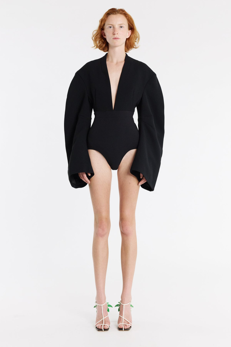 ROUNDED SLEEVE DEEP V-NECK BODYSUIT BLACK 1