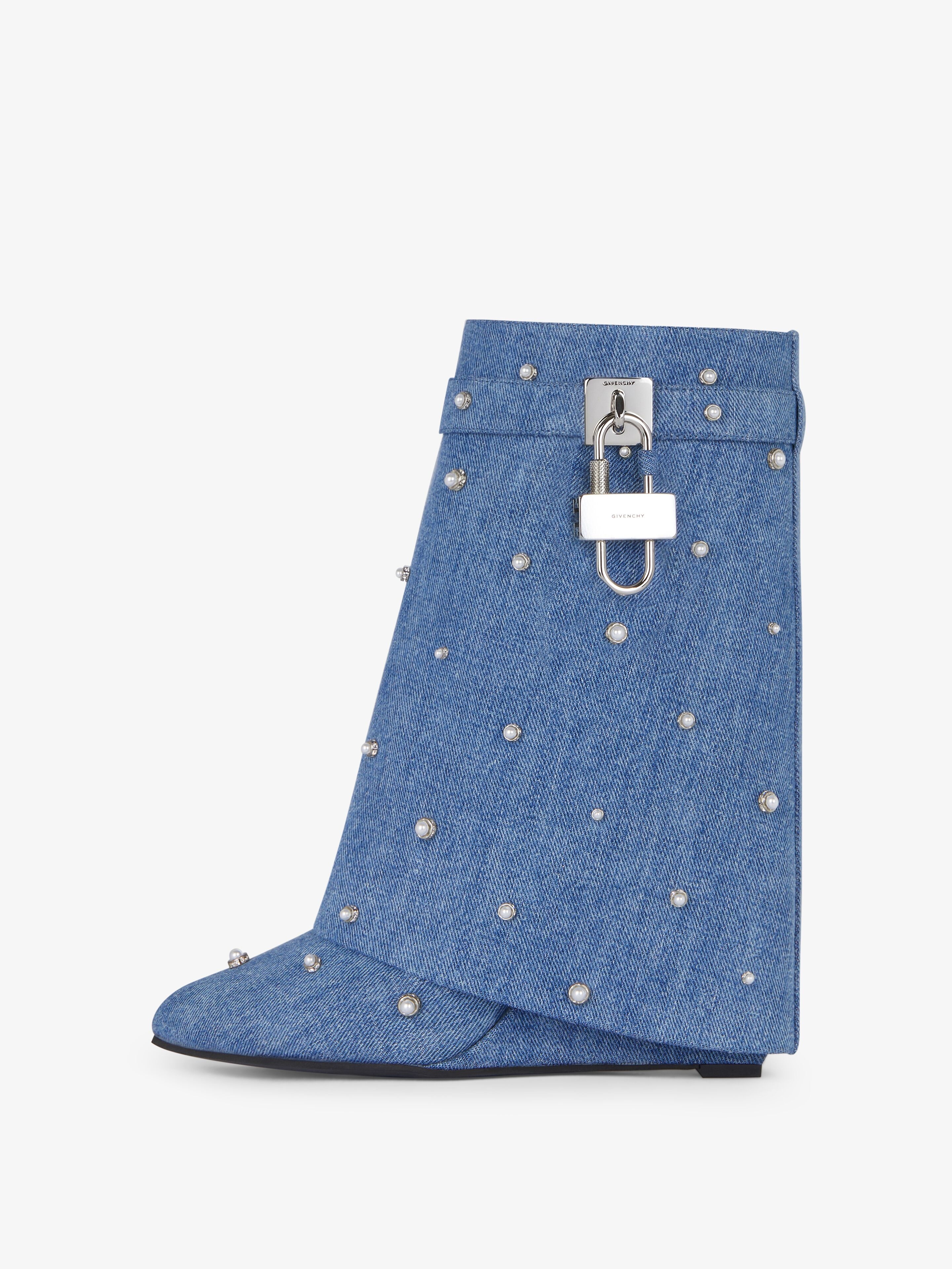 SHARK LOCK ANKLE BOOTS IN DENIM WITH PEARLS - 4