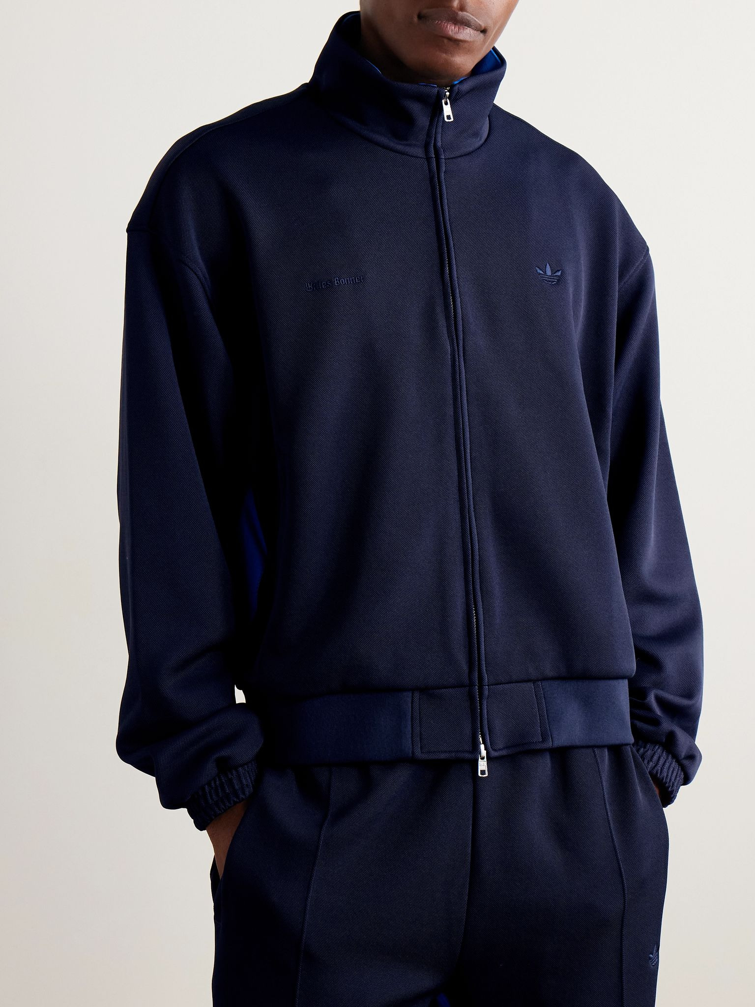 + Wales Bonner Satin-Jersey Trimmed Recycled-Piqué Track Jacket Navy - 3