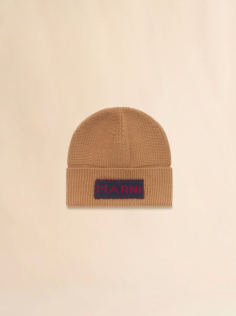TAN WOOL FISHERMAN'S RIB BEANIE WITH MARNI PATCH 1