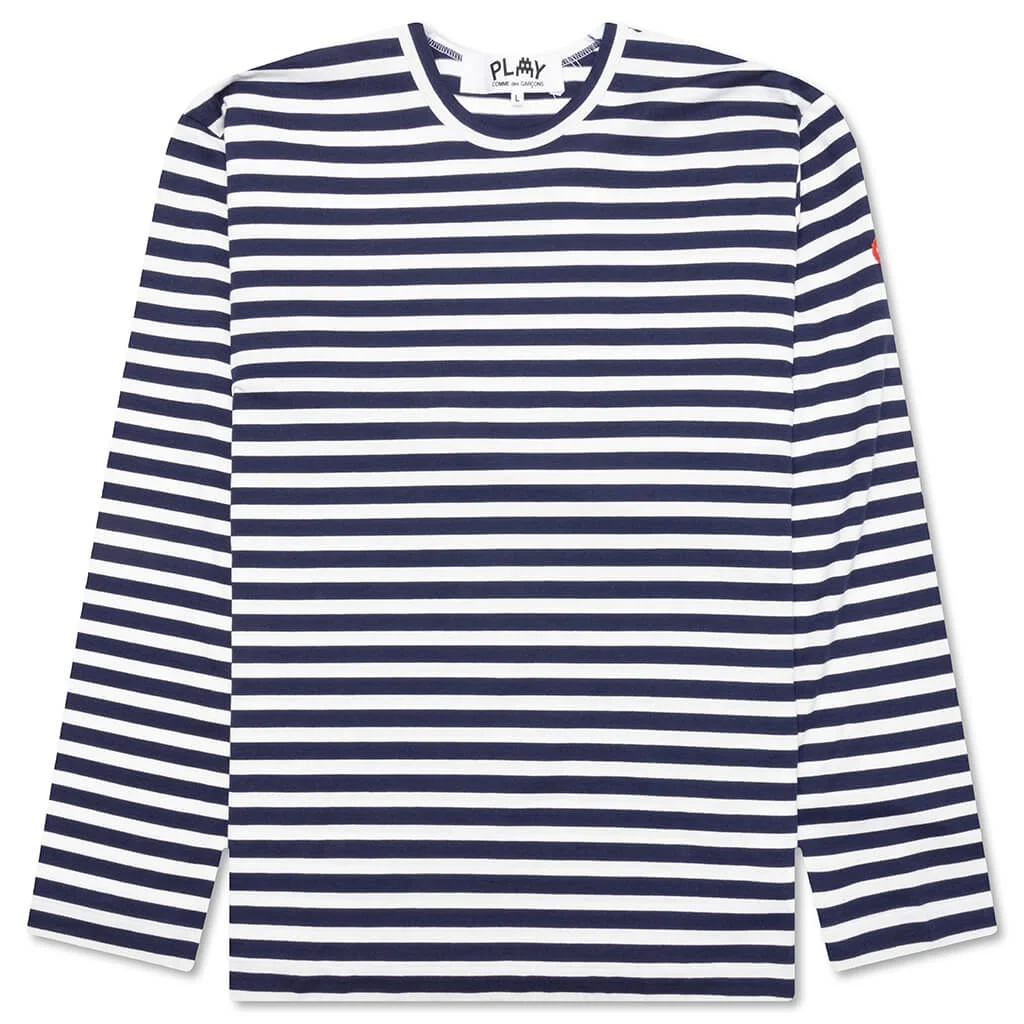COMME DES GARCONS PLAY X THE ARTIST INVADER STRIPED L/S TEE - BLUE/WHITE - 1