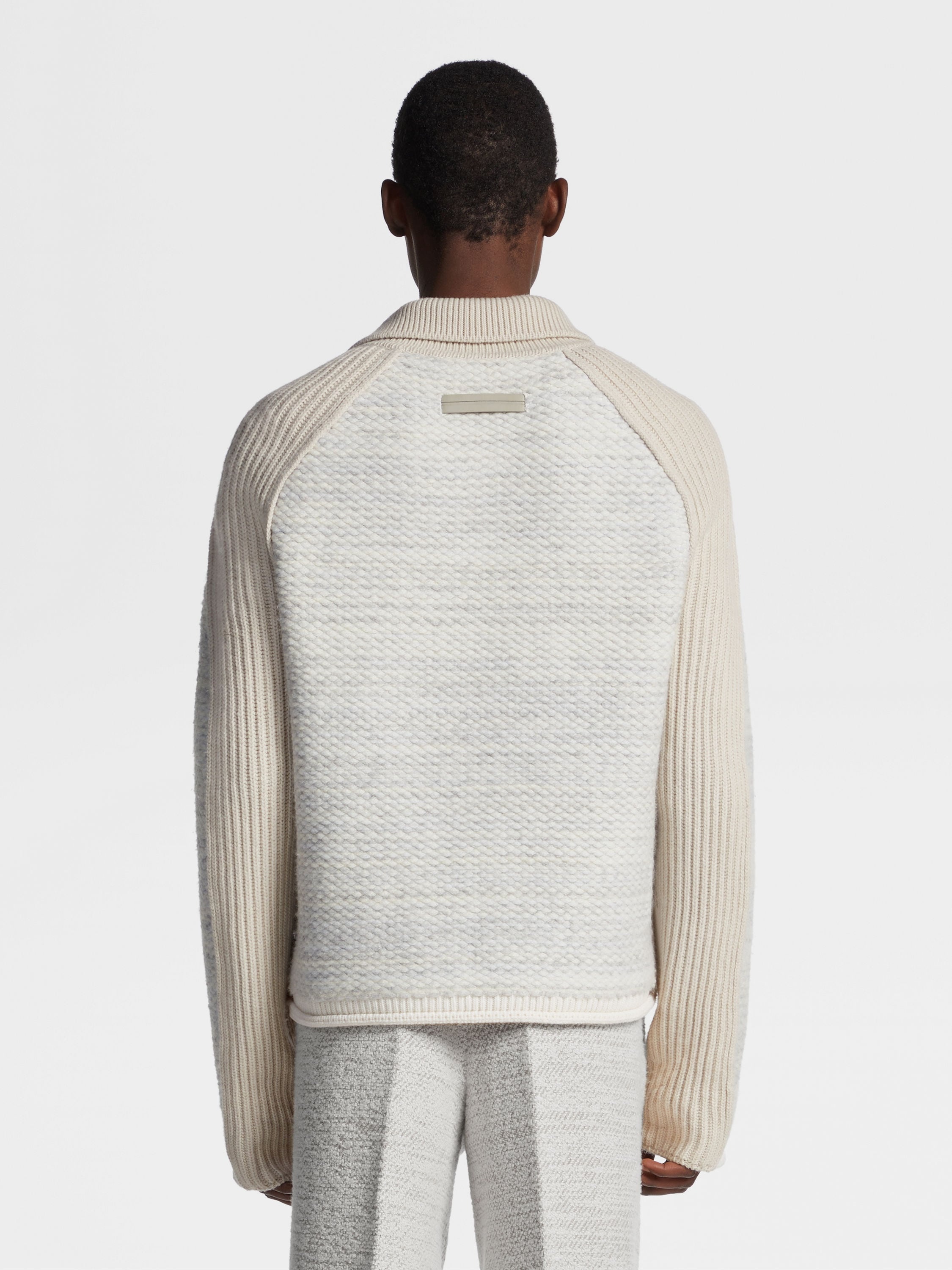 LIGHT GREY AND IVORY WOOL POLO SWEATER - 3
