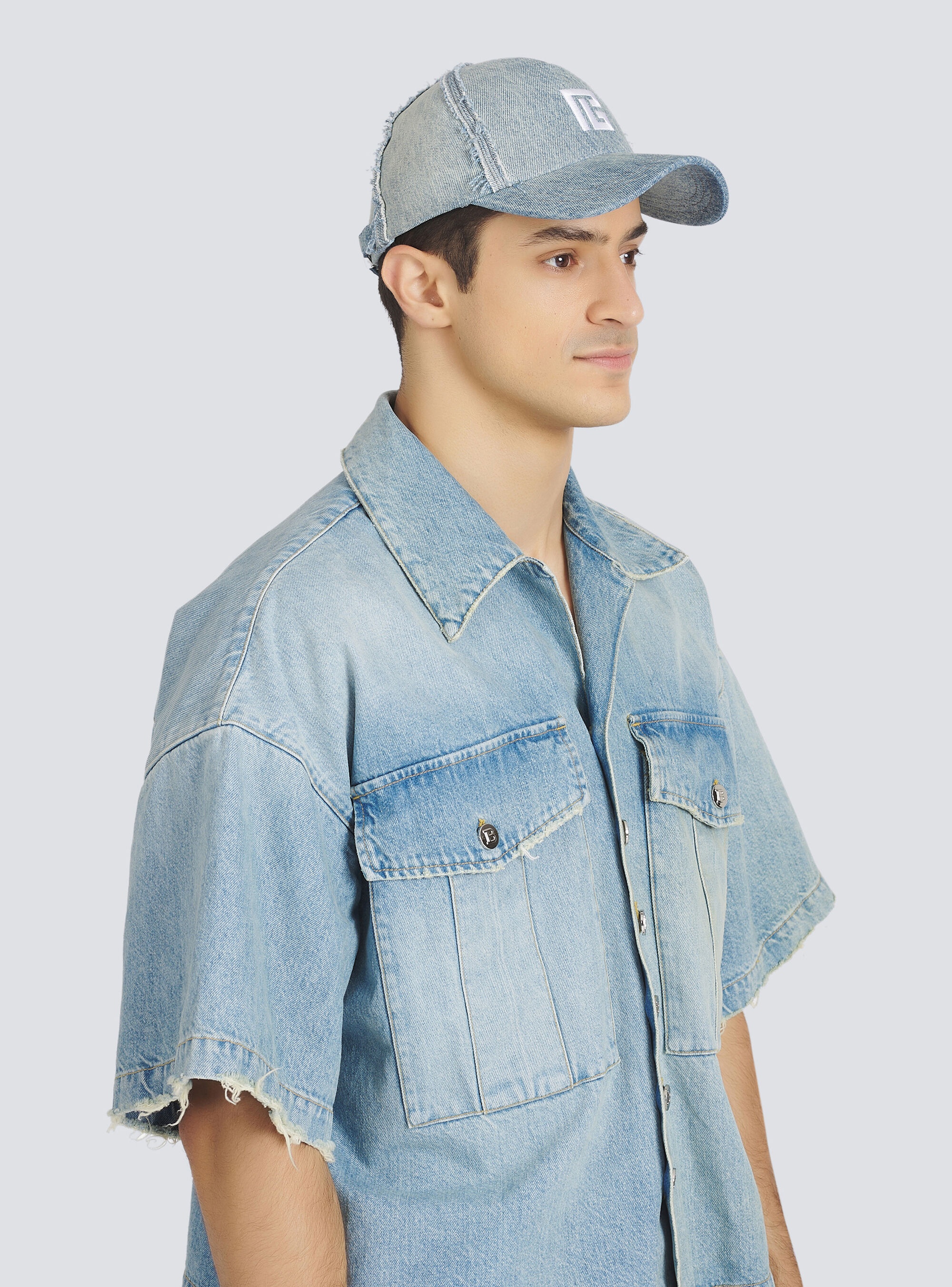 Eco-designed cotton denim cap with embroidered Balmain monogram - 2
