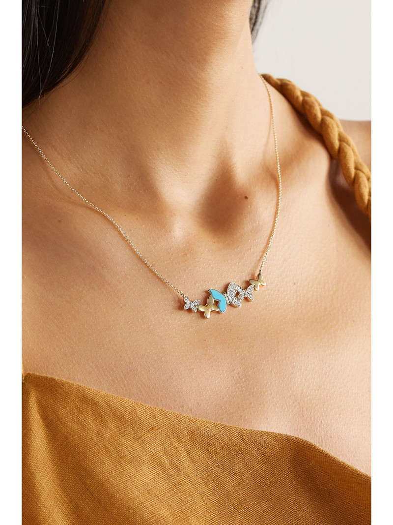 SYDNEY EVAN Small Butterfly 14-karat gold, diamond and turquoise necklace Gold outlook