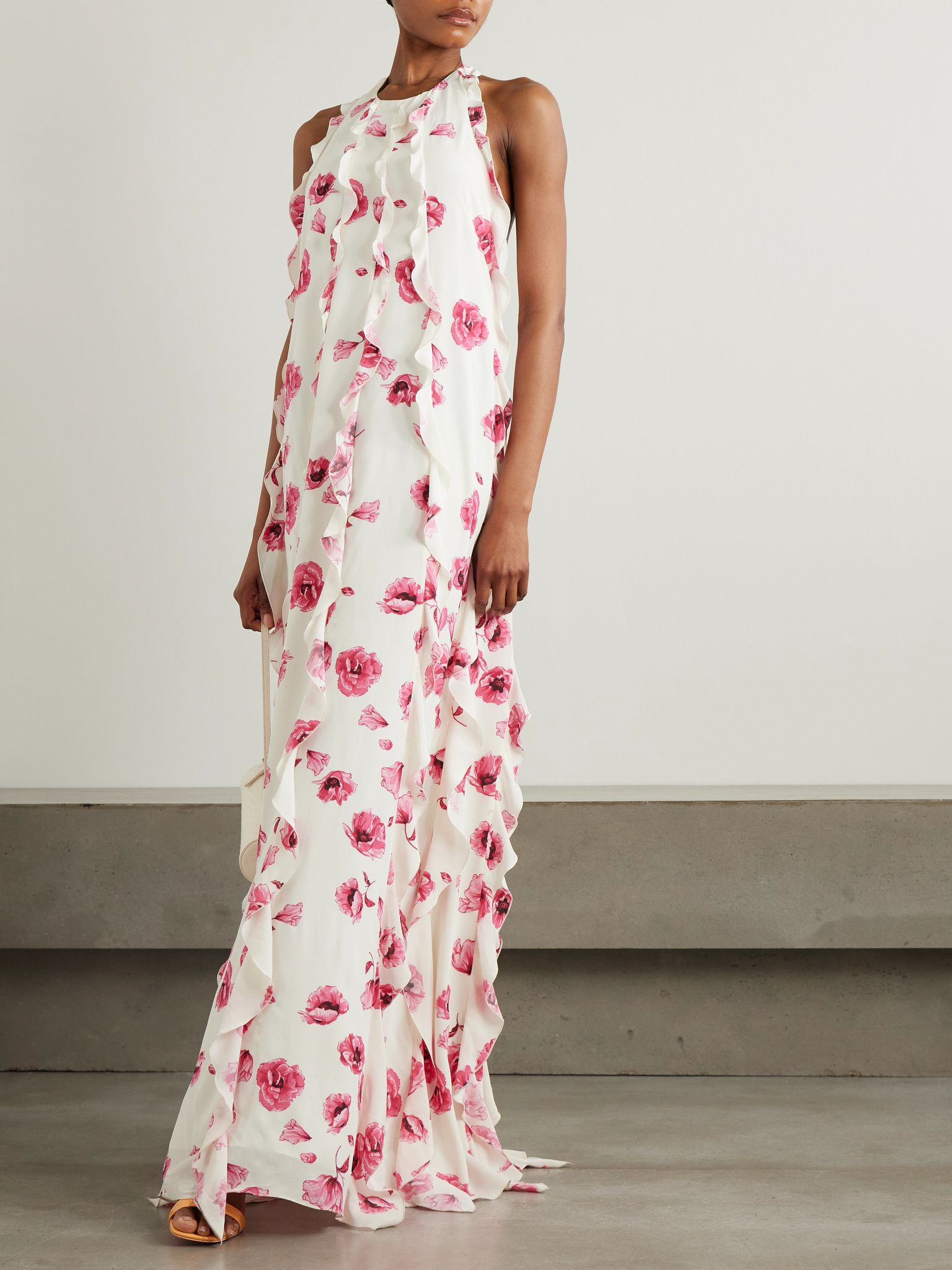 Fleurine ruffled floral-print silk crepe de chine halterneck gown White - 2