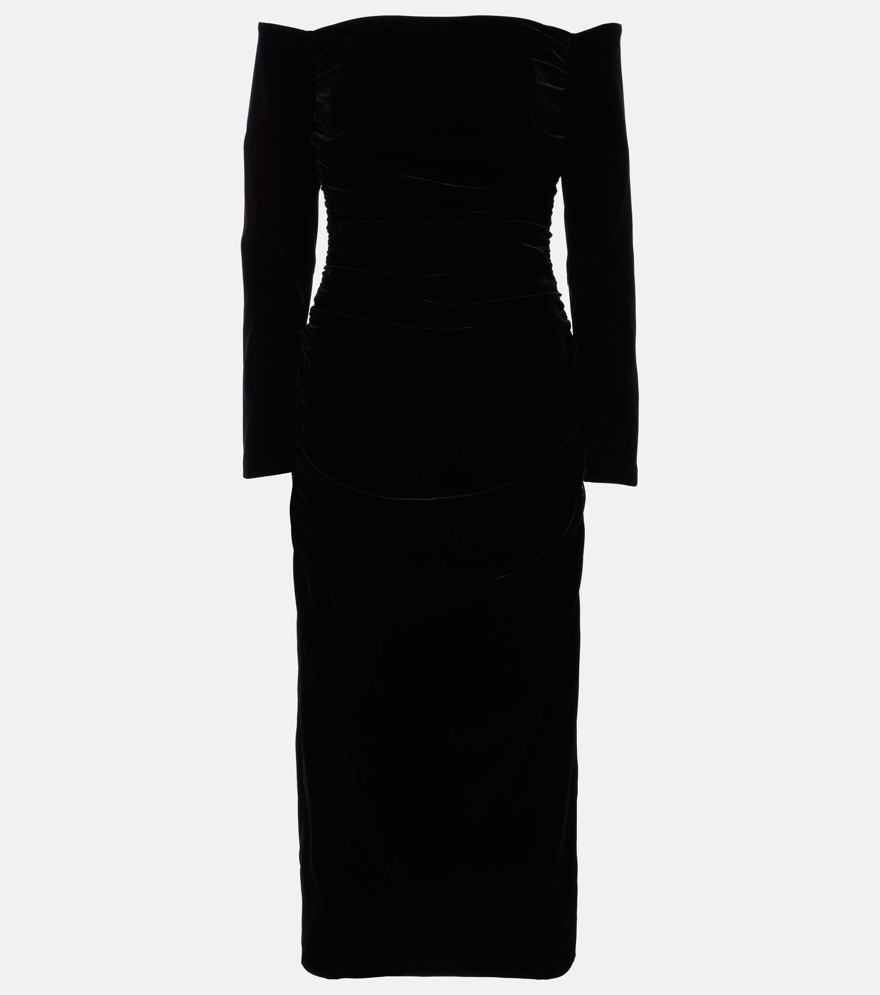 Off-shoulder ruched velvet midi dress - 1