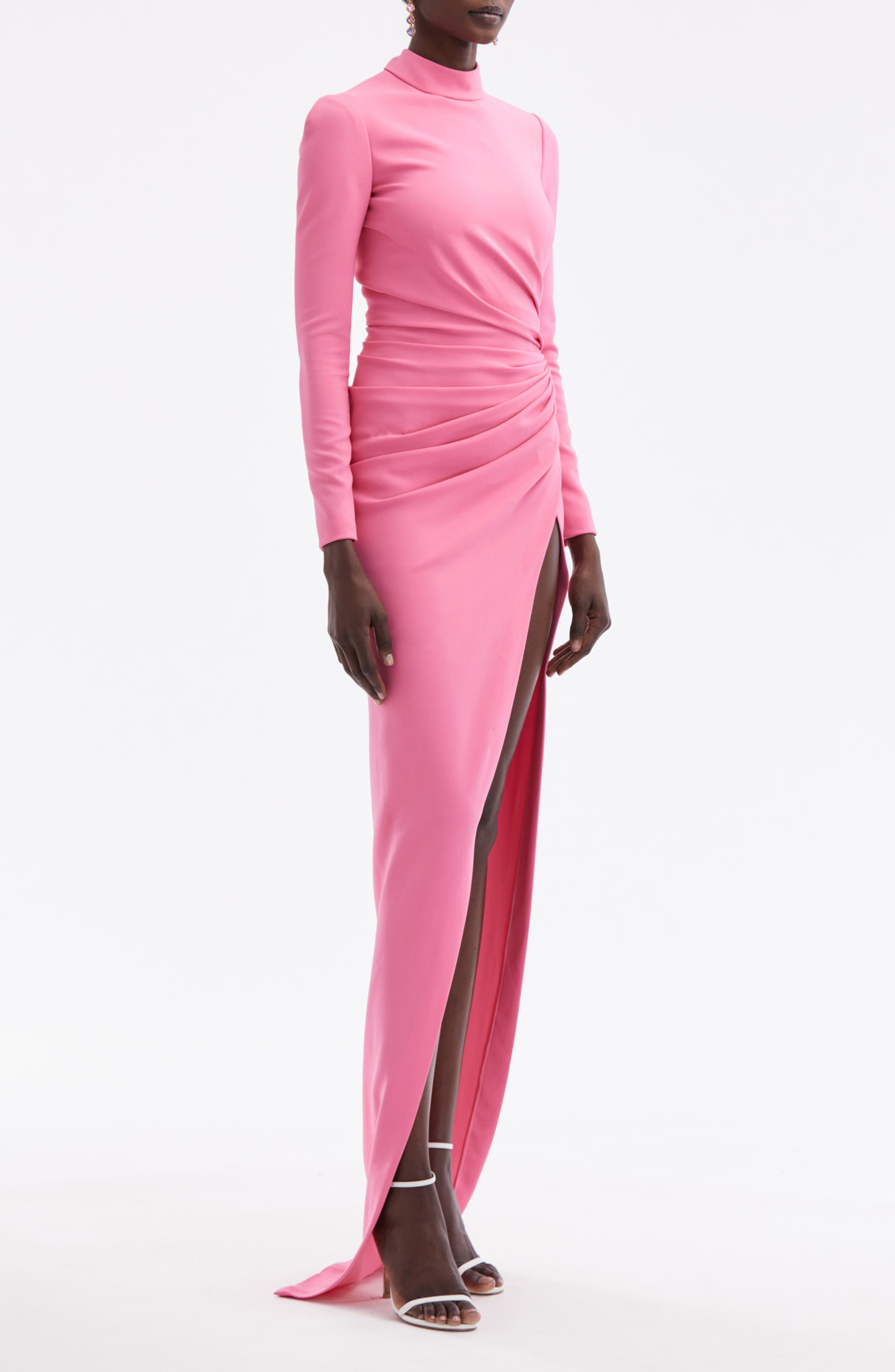 Oscar de la Renta High Slit Long Sleeve Cady Gown in Azalea at Nordstrom - 3
