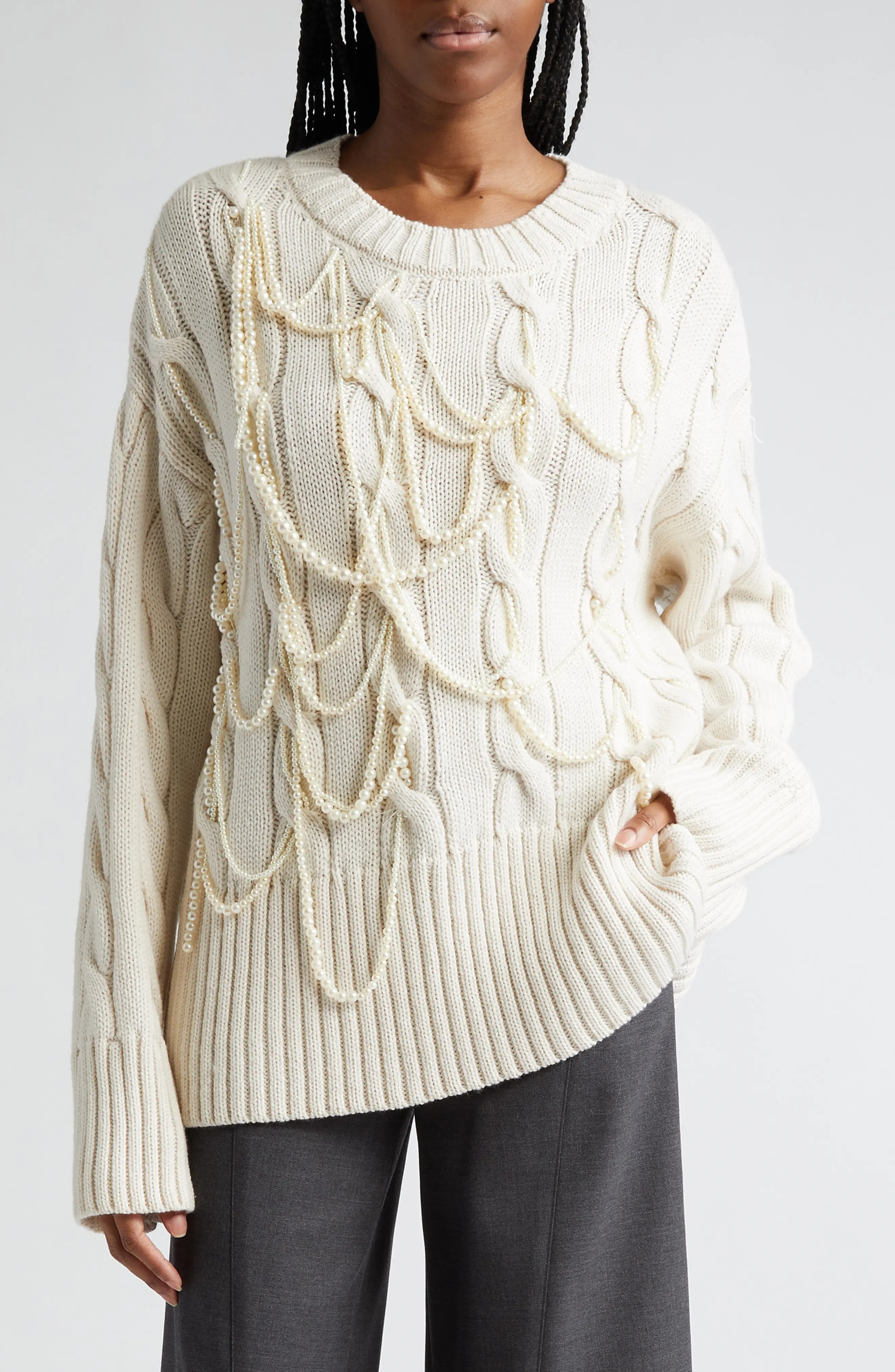 Imitation Pearl Detail Cable Merino Wool Sweater - 1