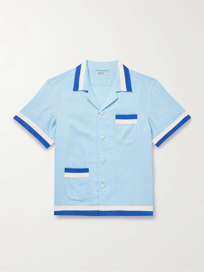 Seedling Stripe Camp-Collar Appliquéd Linen Shirt - 1