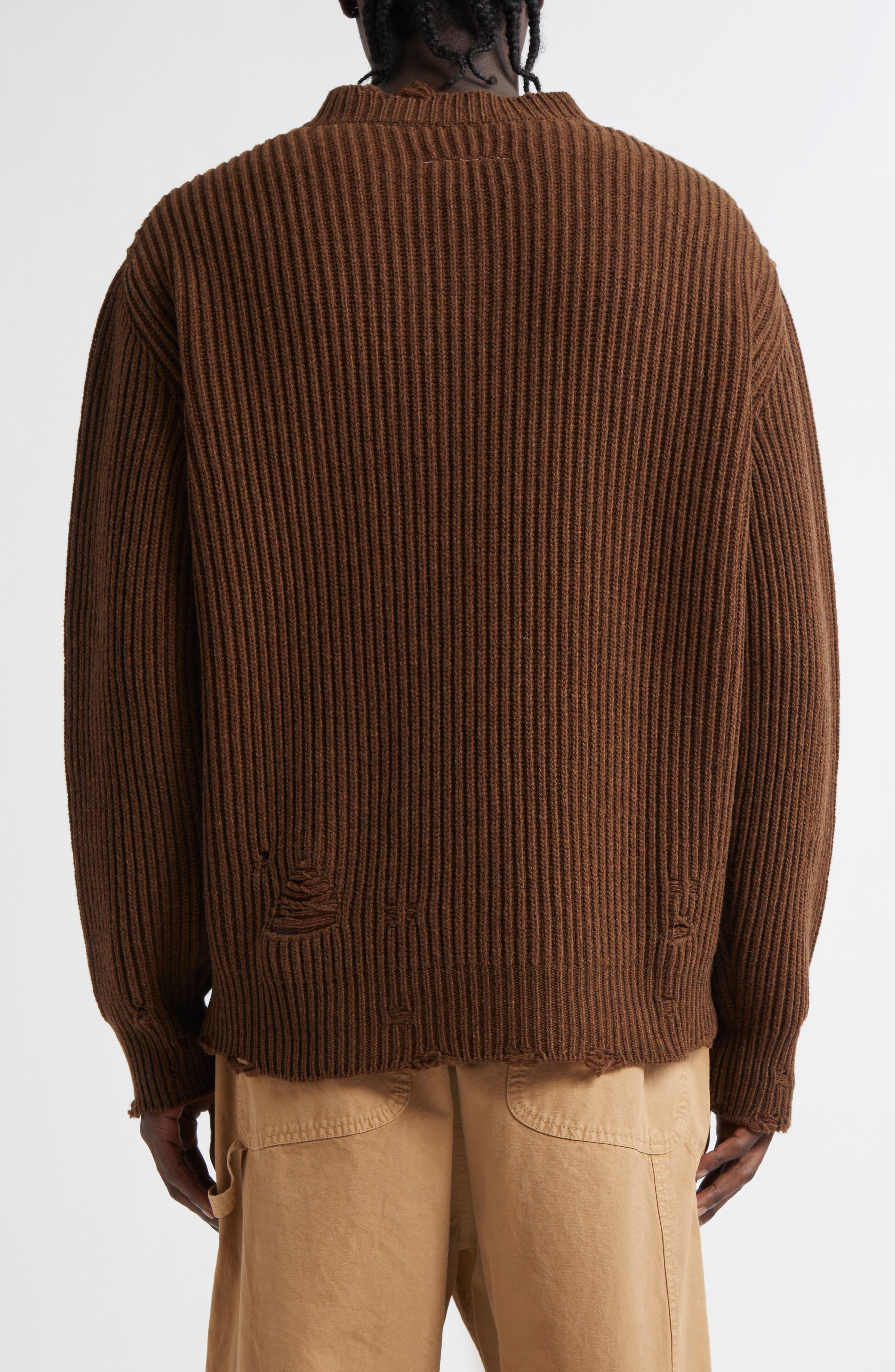 MM6 Maison Margiela Distressed Wool Blend V-Neck Sweater in Brown Melange at Nordstrom - 3