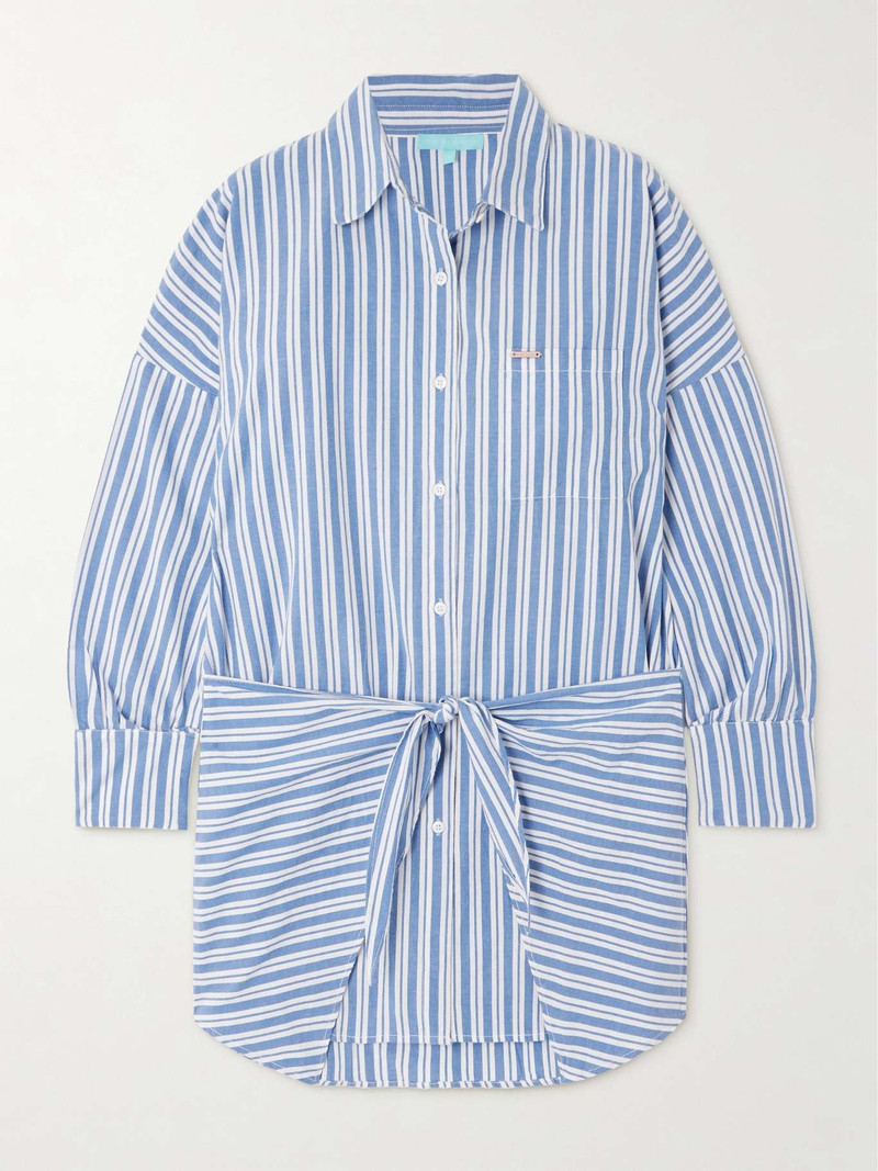 Sara tie-detailed striped cotton mini shirt dress Blue - 1