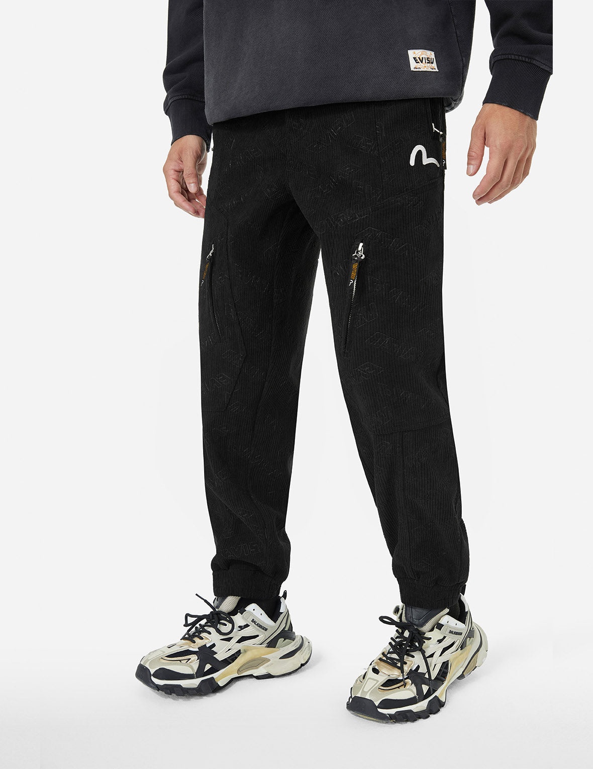 Allover Evisu Deboss Print and Seagull Embroidery Relax Fit Woven Joggers - 5