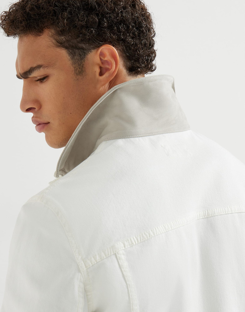 Garment-dyed outerwear jacket in comfort cotton lightweight denim with leather collar 4