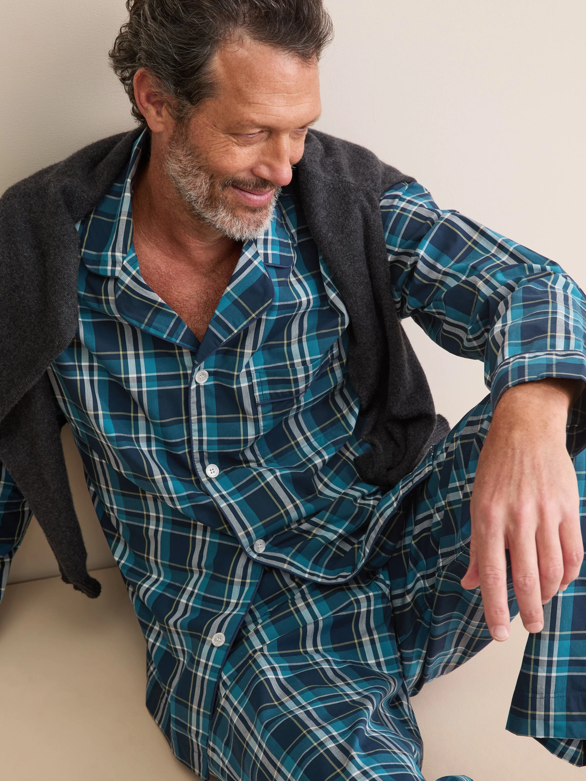 Men's Classic Fit Pajamas Barker Cotton Navy Blue & Teal Check - 1