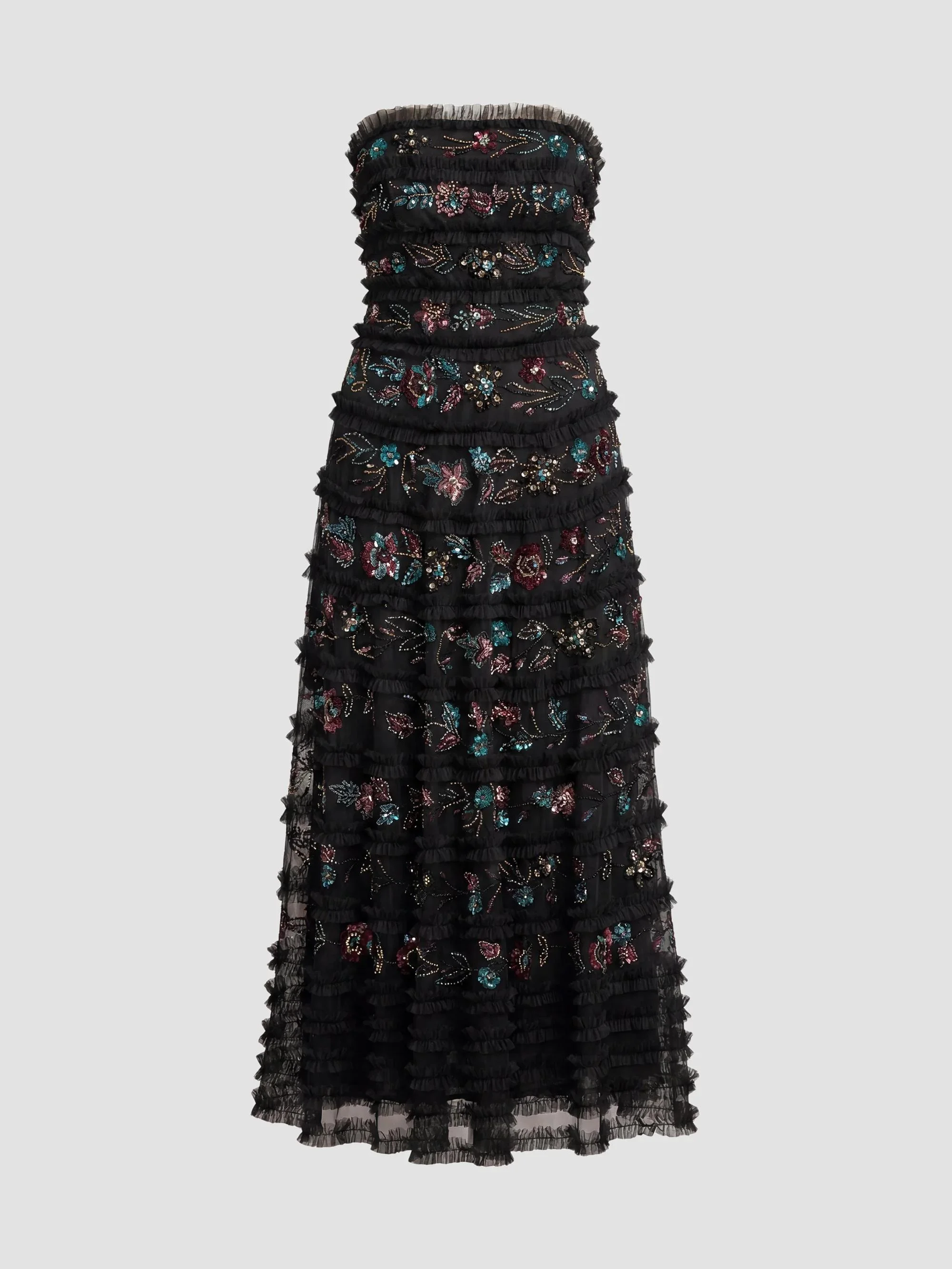 Women's Floral Ruffled Mesh Strapless Midi Dress - Black Multi - 1