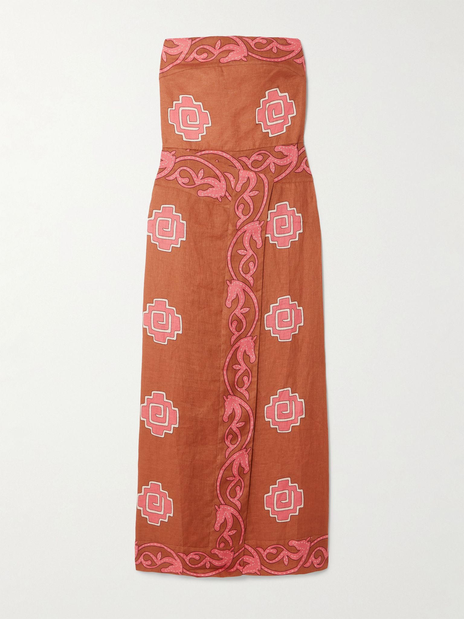 Ancient strapless wrap-effect printed linen midi dress Pink - 1