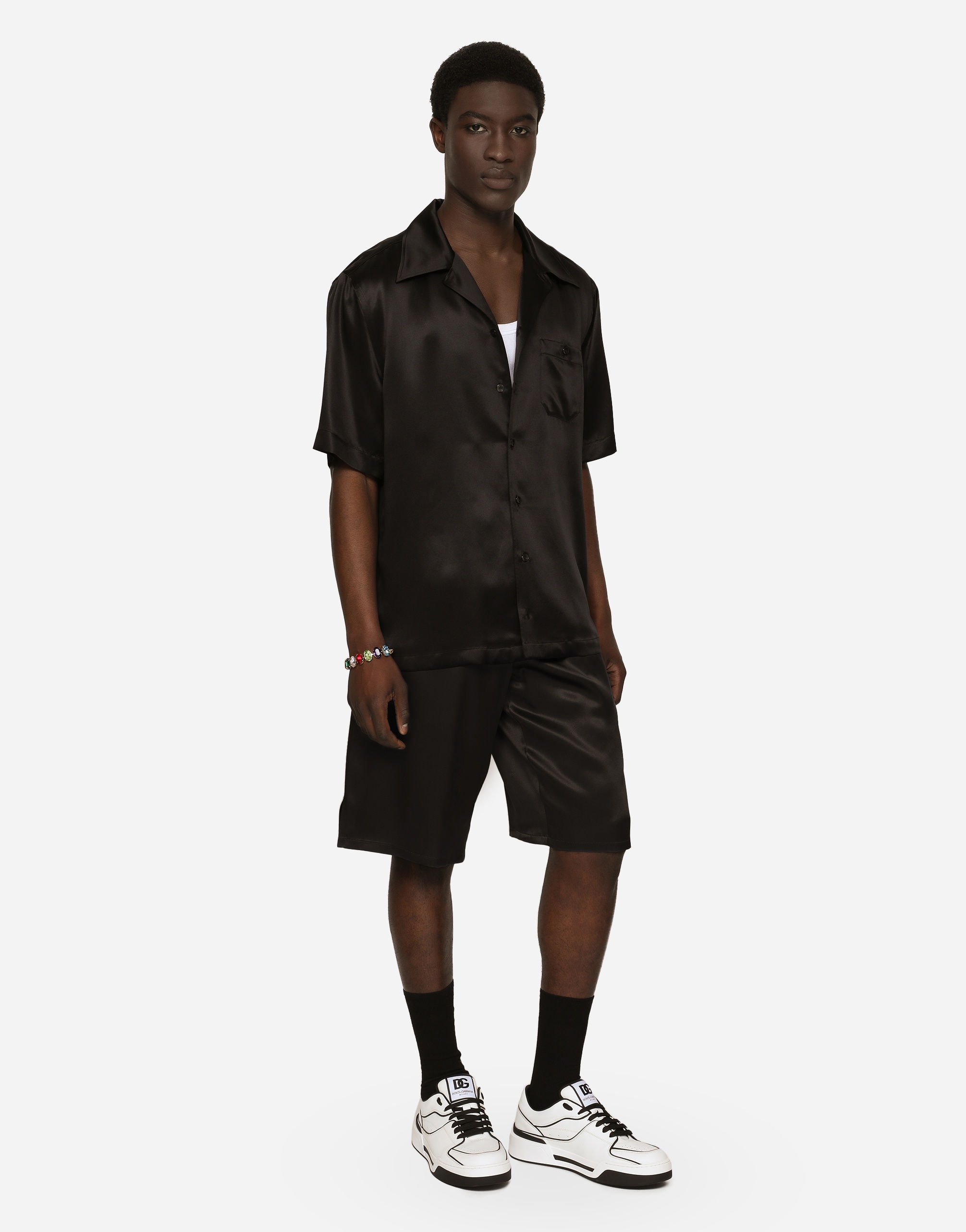 Silk satin jogging shorts with metal DG logo - 2