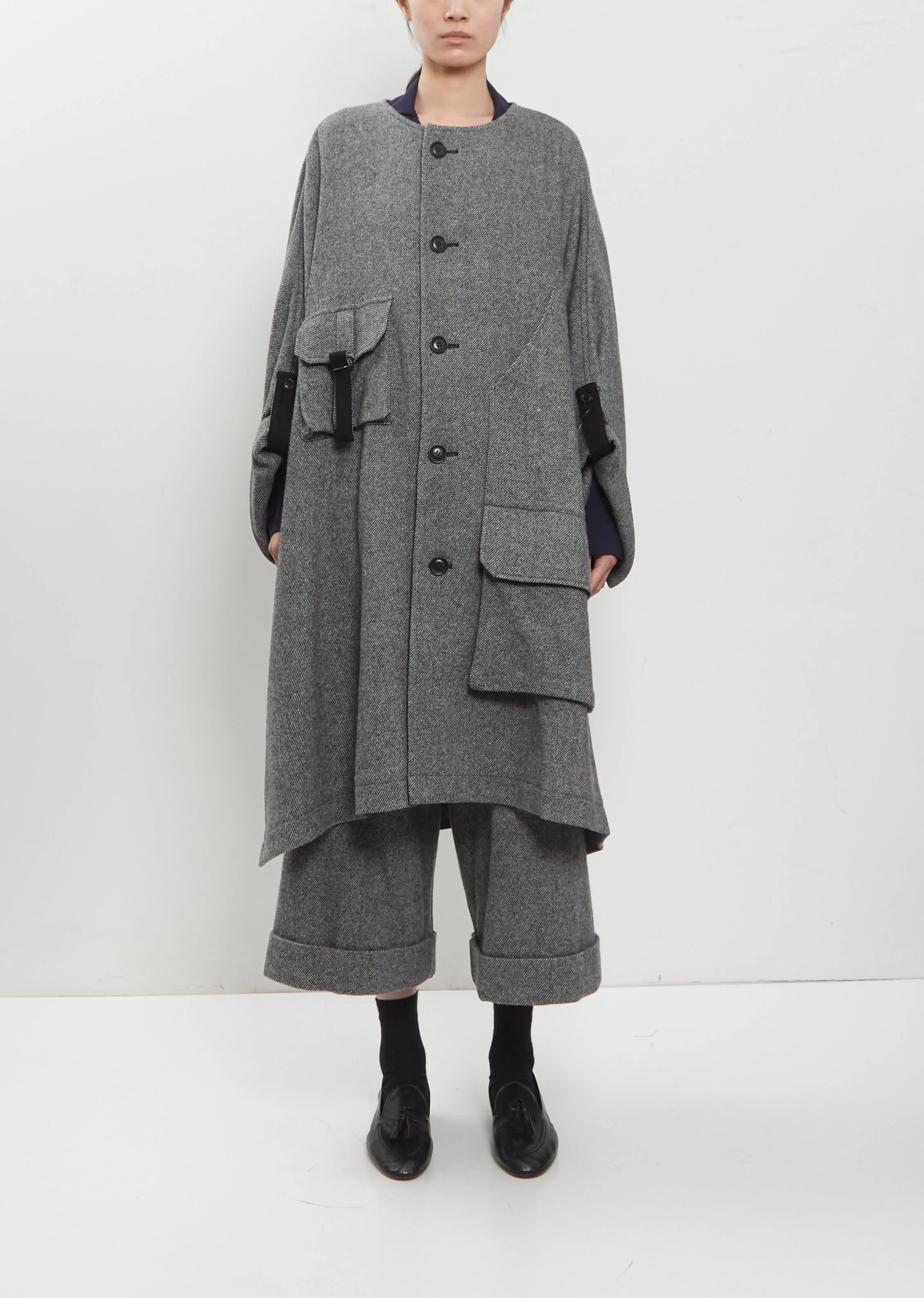 Collarless Twill Flannel Dolman Coat - 1