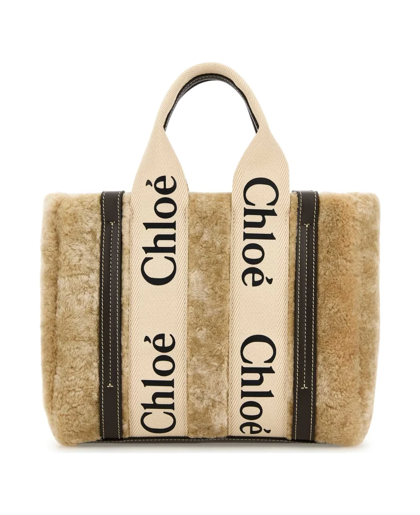 Beige Shearling Small Woody Shopping Bag - 1