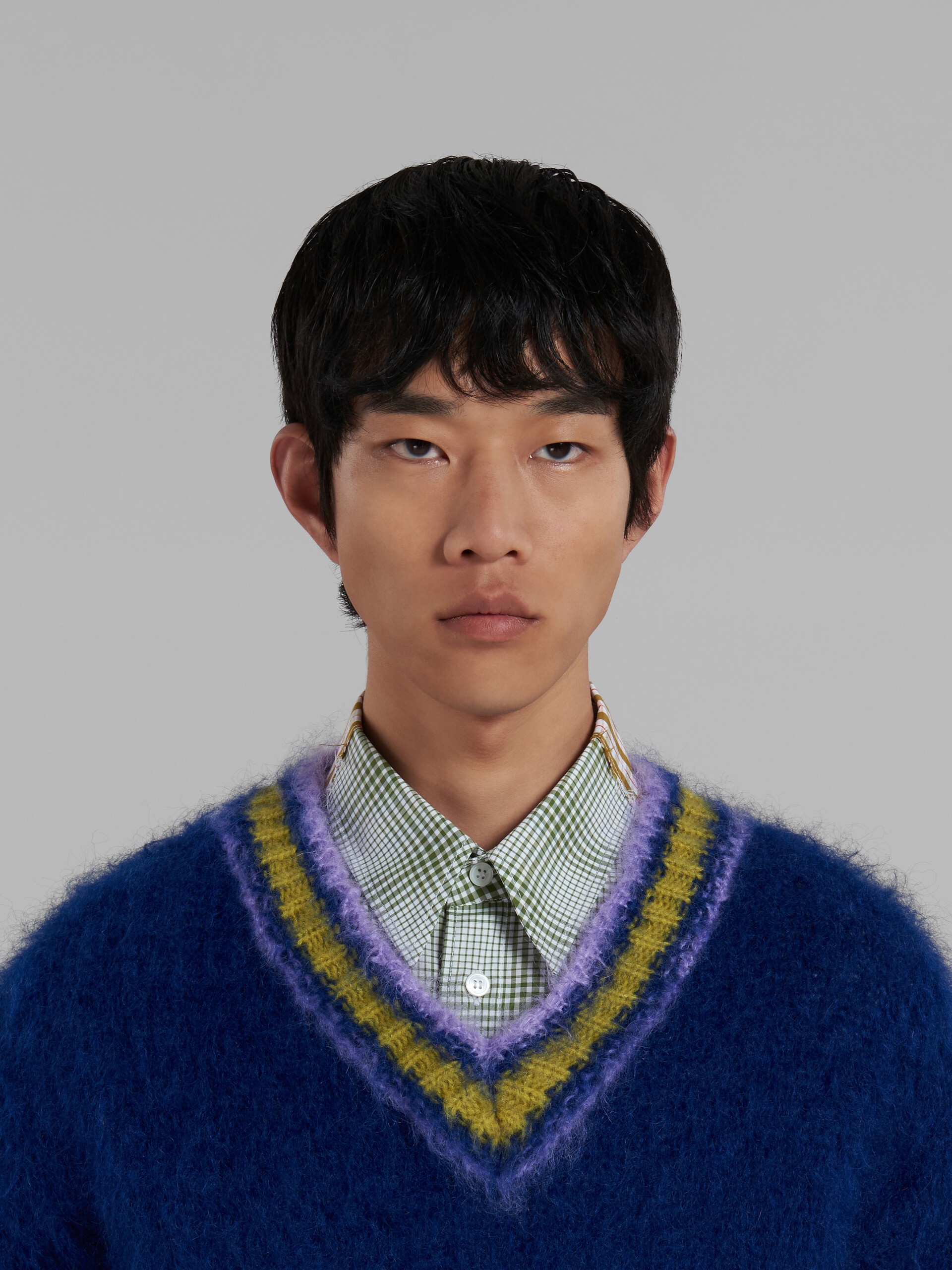 BLUE MOHAIR JUMPER WITH STRIPED TRIMS - 4