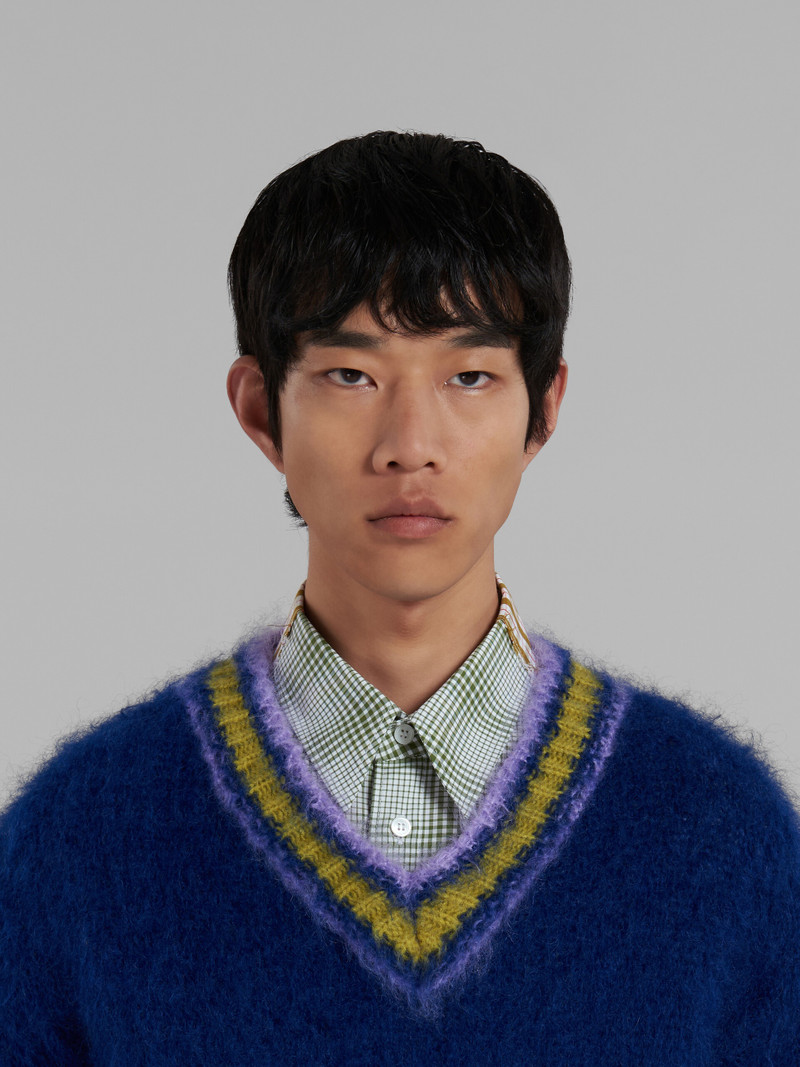 BLUE MOHAIR JUMPER WITH STRIPED TRIMS 4