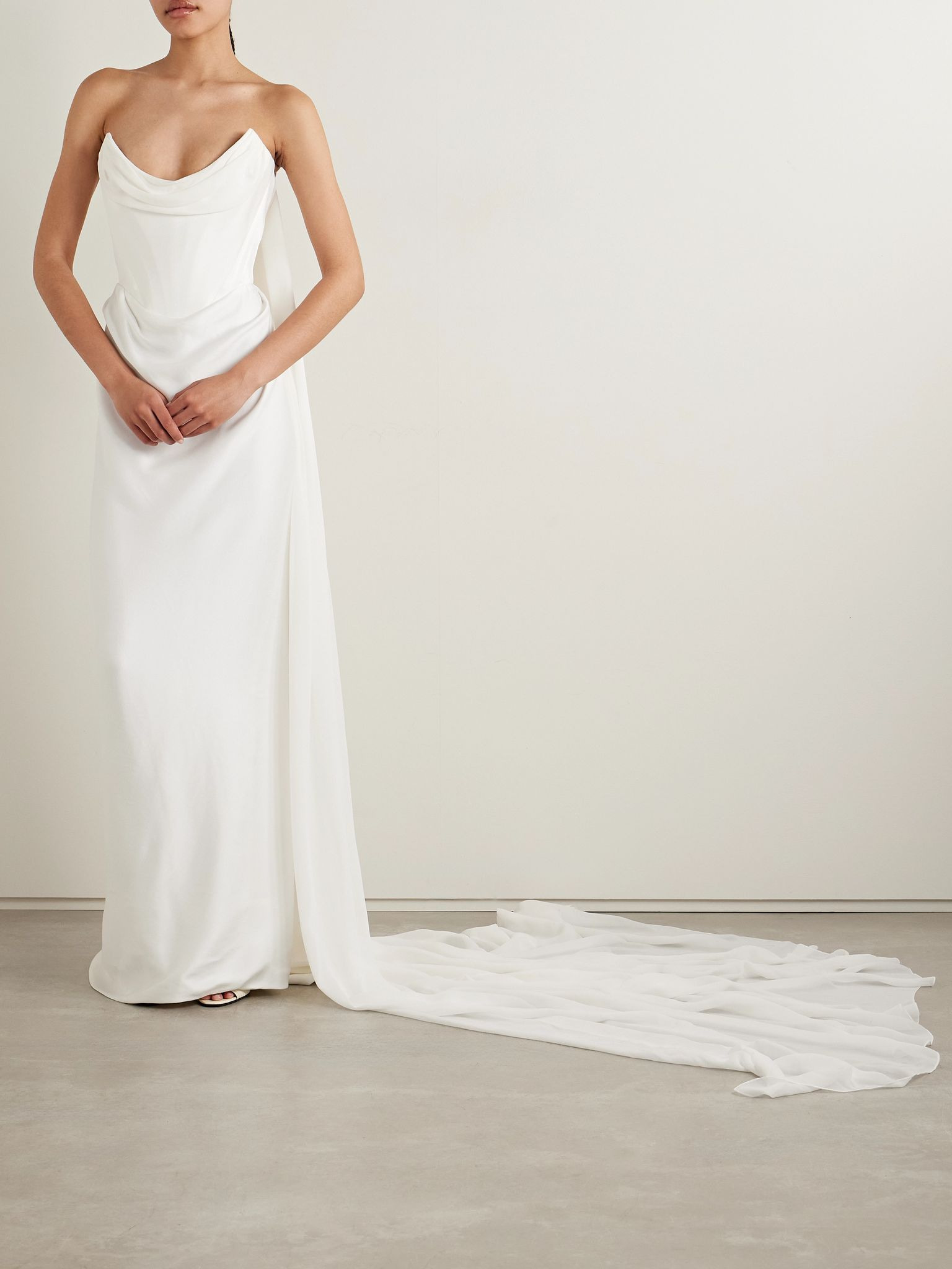 Galaxy cape-effect strapless organic silk chiffon-trimmed satin gown Off-white - 3
