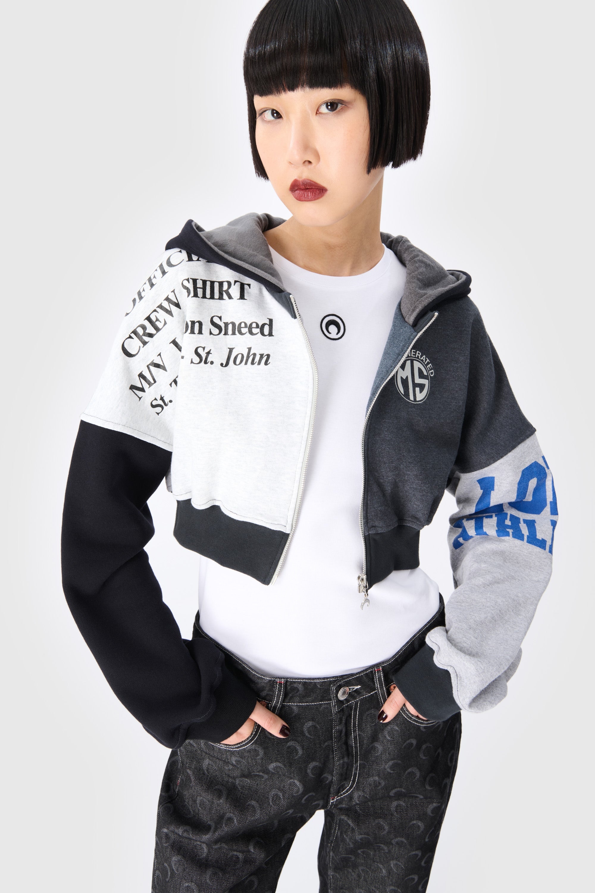 Upcycled Graphic Sweatshirts Cropped Zipped Hoodie - 3